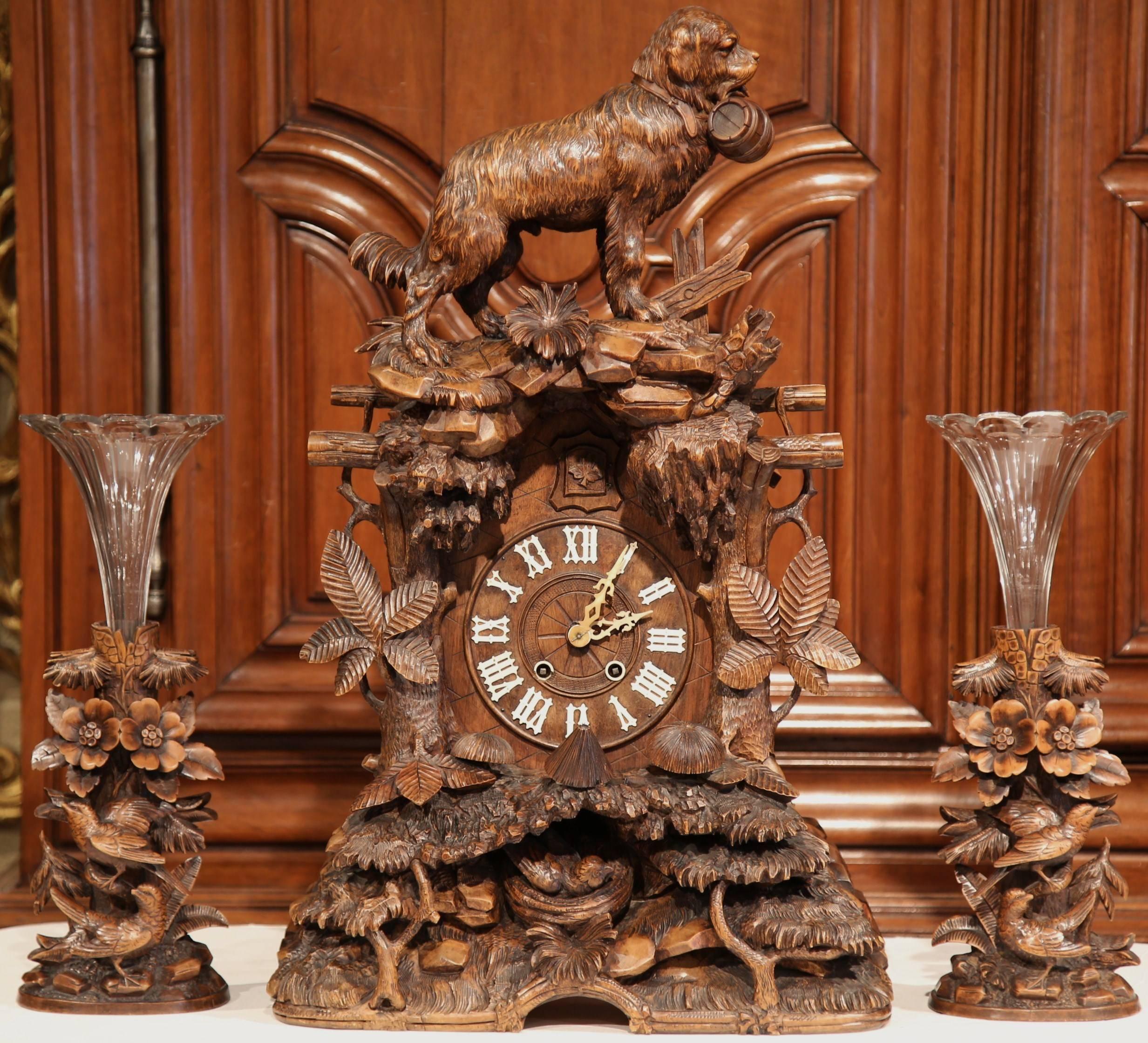 Glass 19th Century Swiss Black Forest Carved Walnut Three-Piece Mantel Clock Set