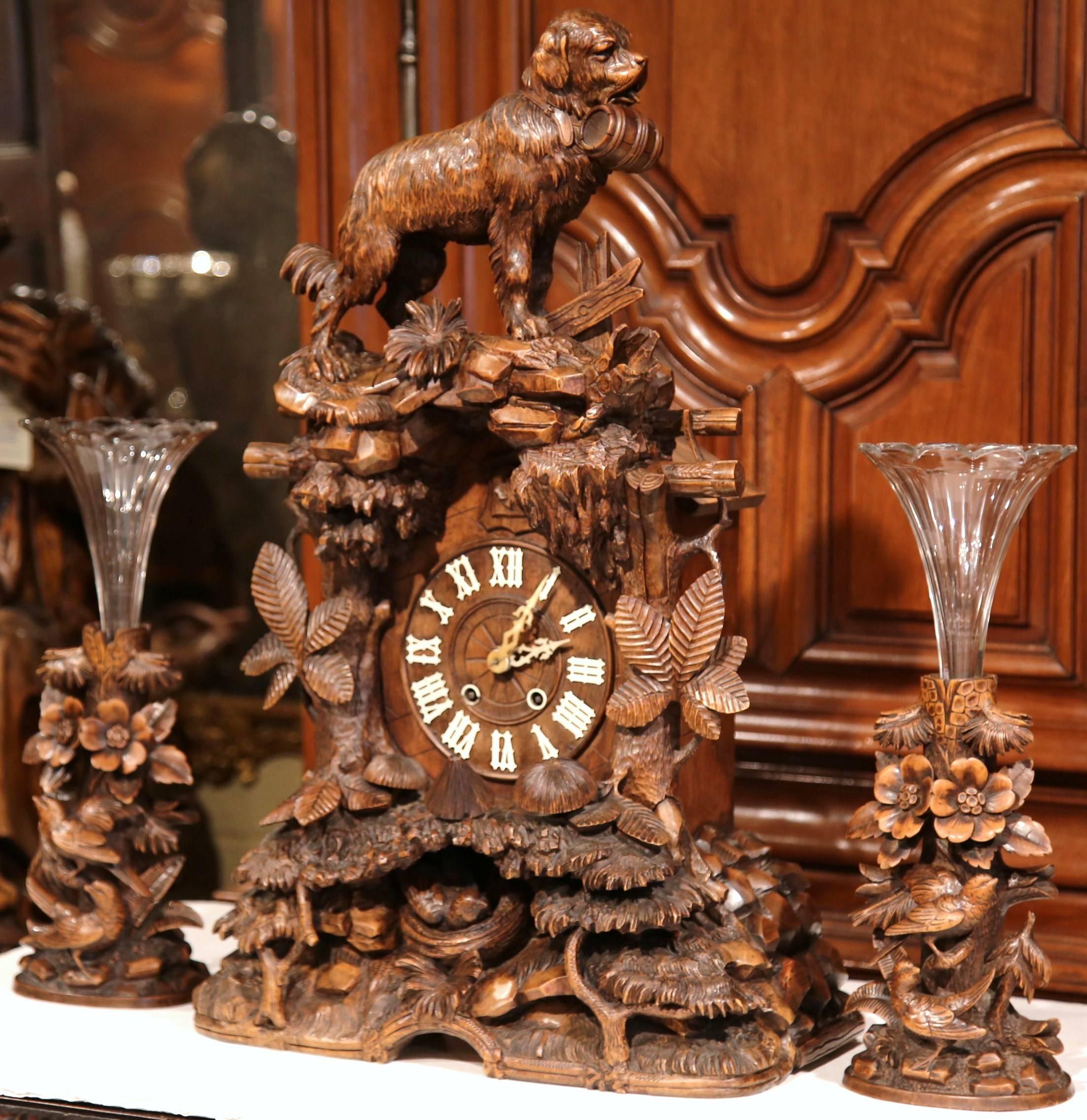 19th Century Swiss Black Forest Carved Walnut Three-Piece Mantel Clock Set 1