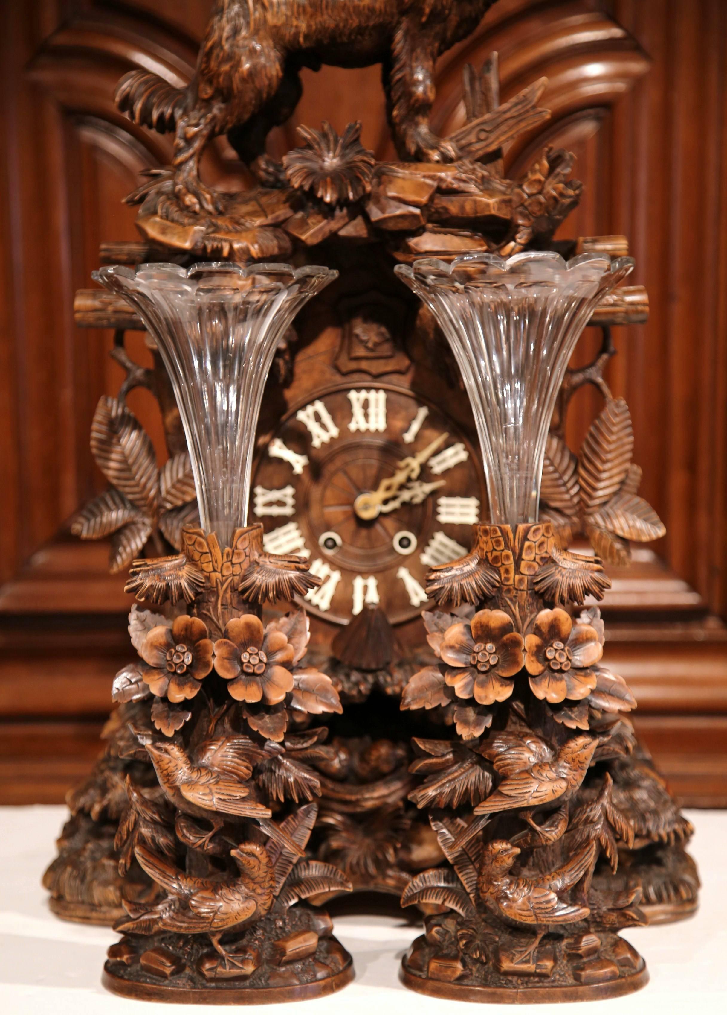 19th Century Swiss Black Forest Carved Walnut Three-Piece Mantel Clock Set 2