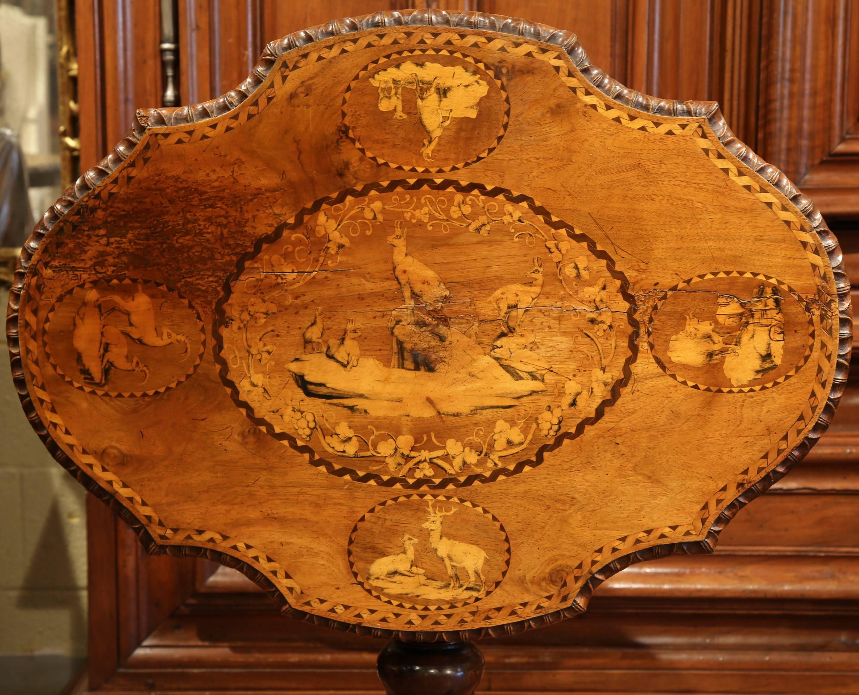 19th Century Swiss Black Forest Carved Walnut Tilt-Top Table with Hunt Scenes 1