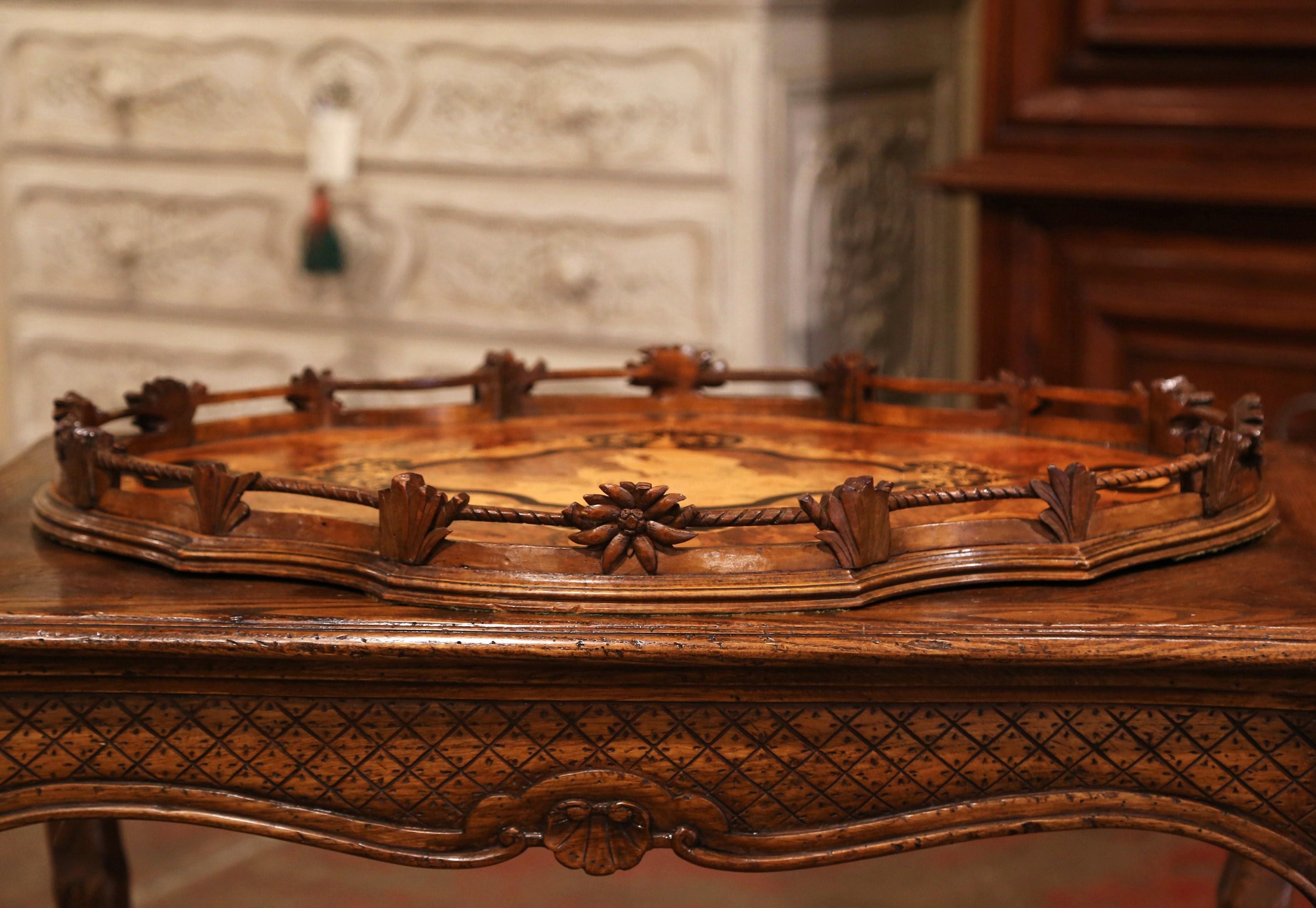 Inlay 19th Century Swiss Black Forest Carved Walnut Tray Table with Deer Motifs