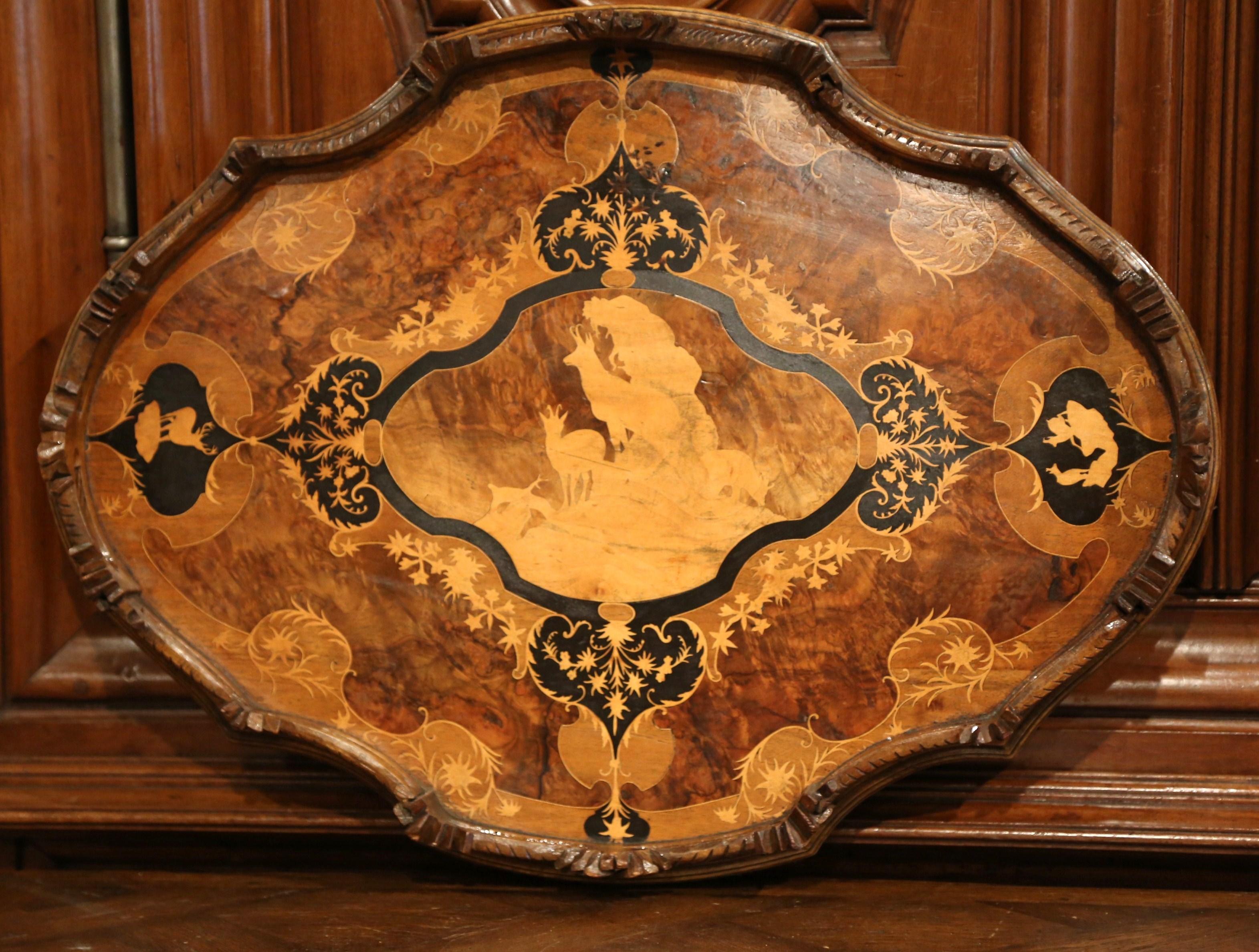 19th Century Swiss Black Forest Carved Walnut Tray Table with Deer Motifs 2