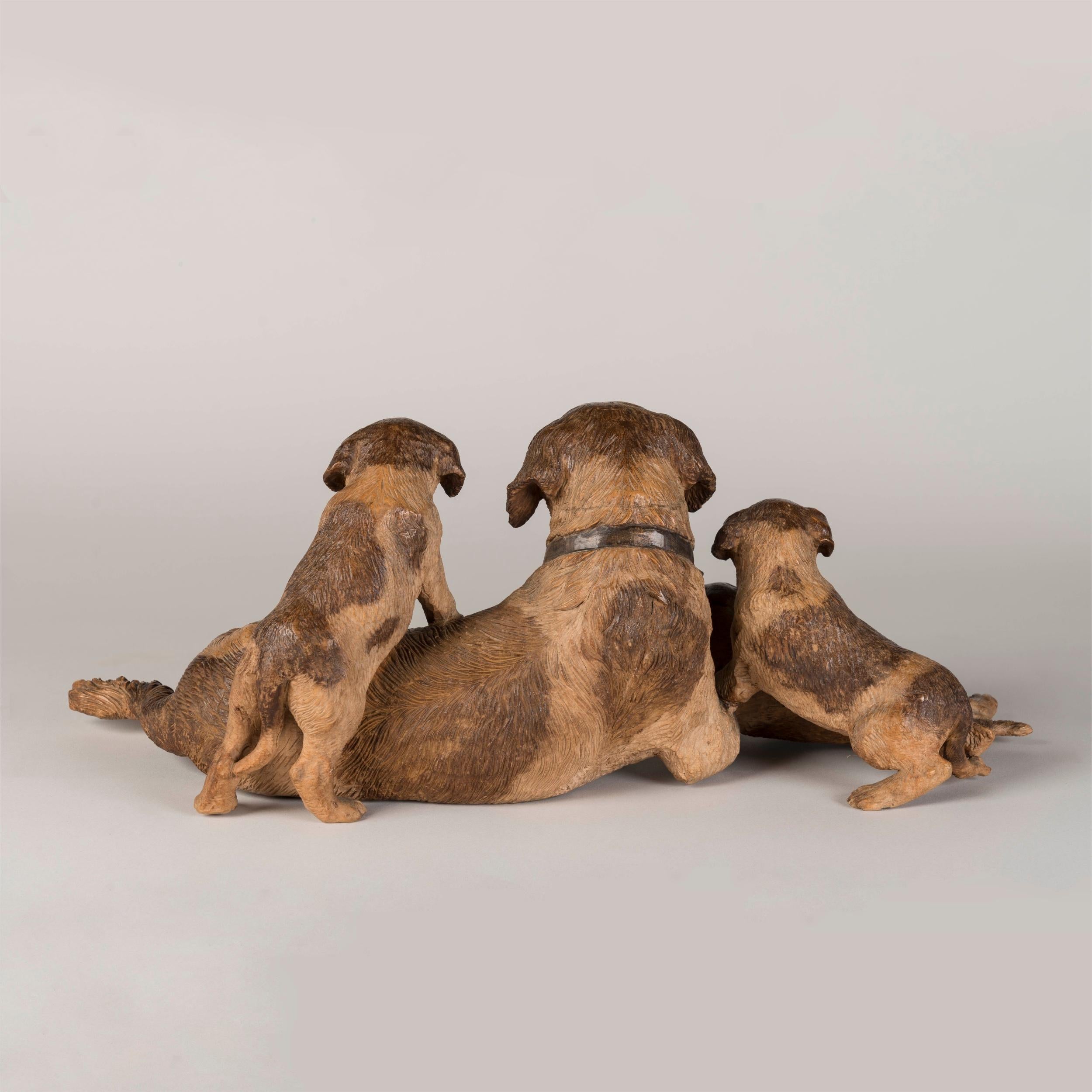 Wood 19th Century Swiss 'Black Forest' Carving a Dog Family For Sale