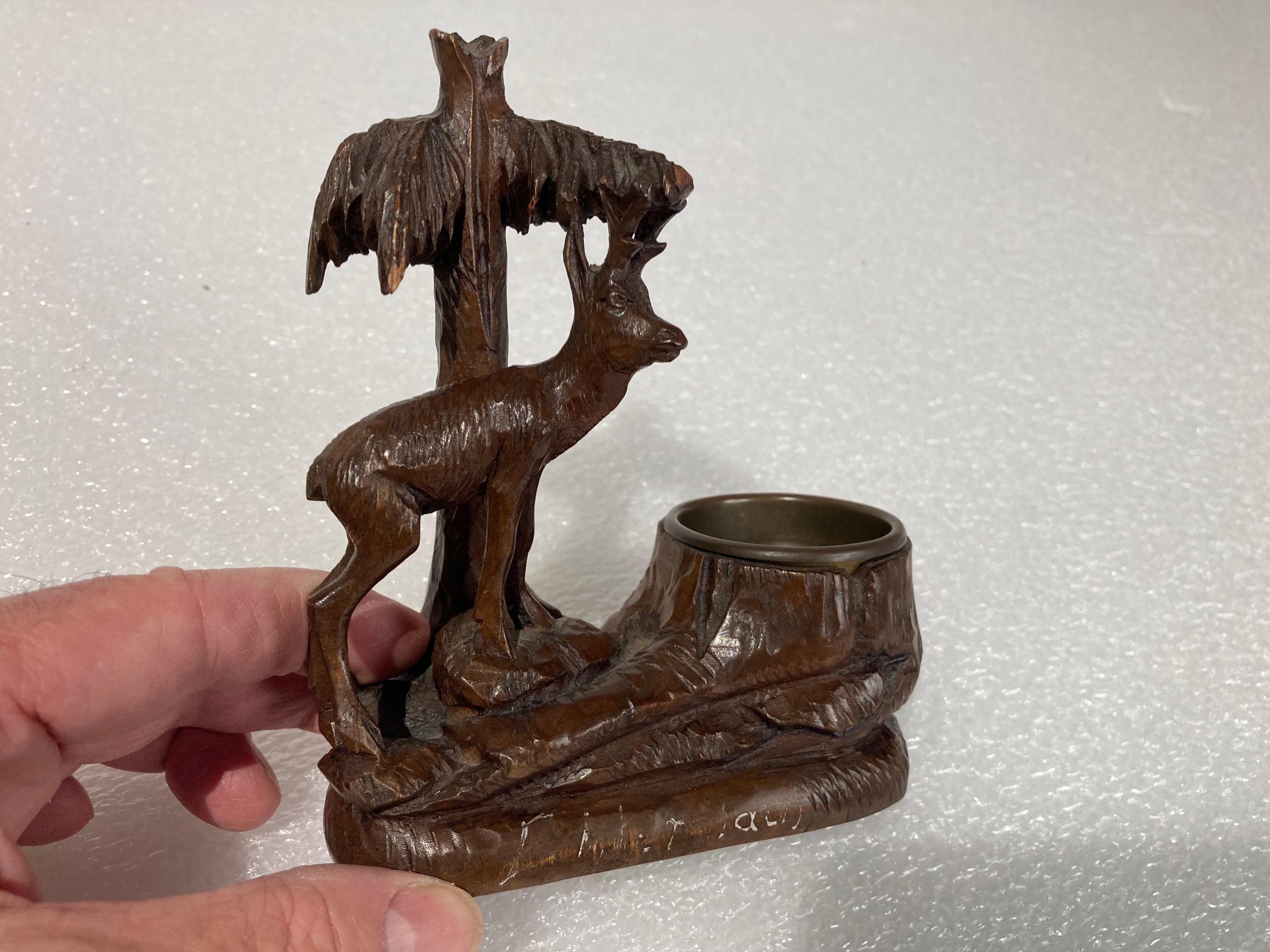 19th Century Swiss Black Forest Carving of a Stag and Tree Nut Dish For Sale 9