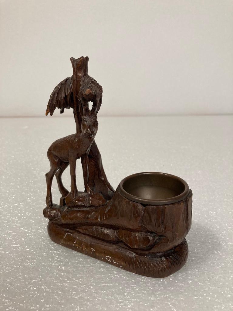 Carved 19th Century Swiss Black Forest Carving of a Stag and Tree Nut Dish For Sale