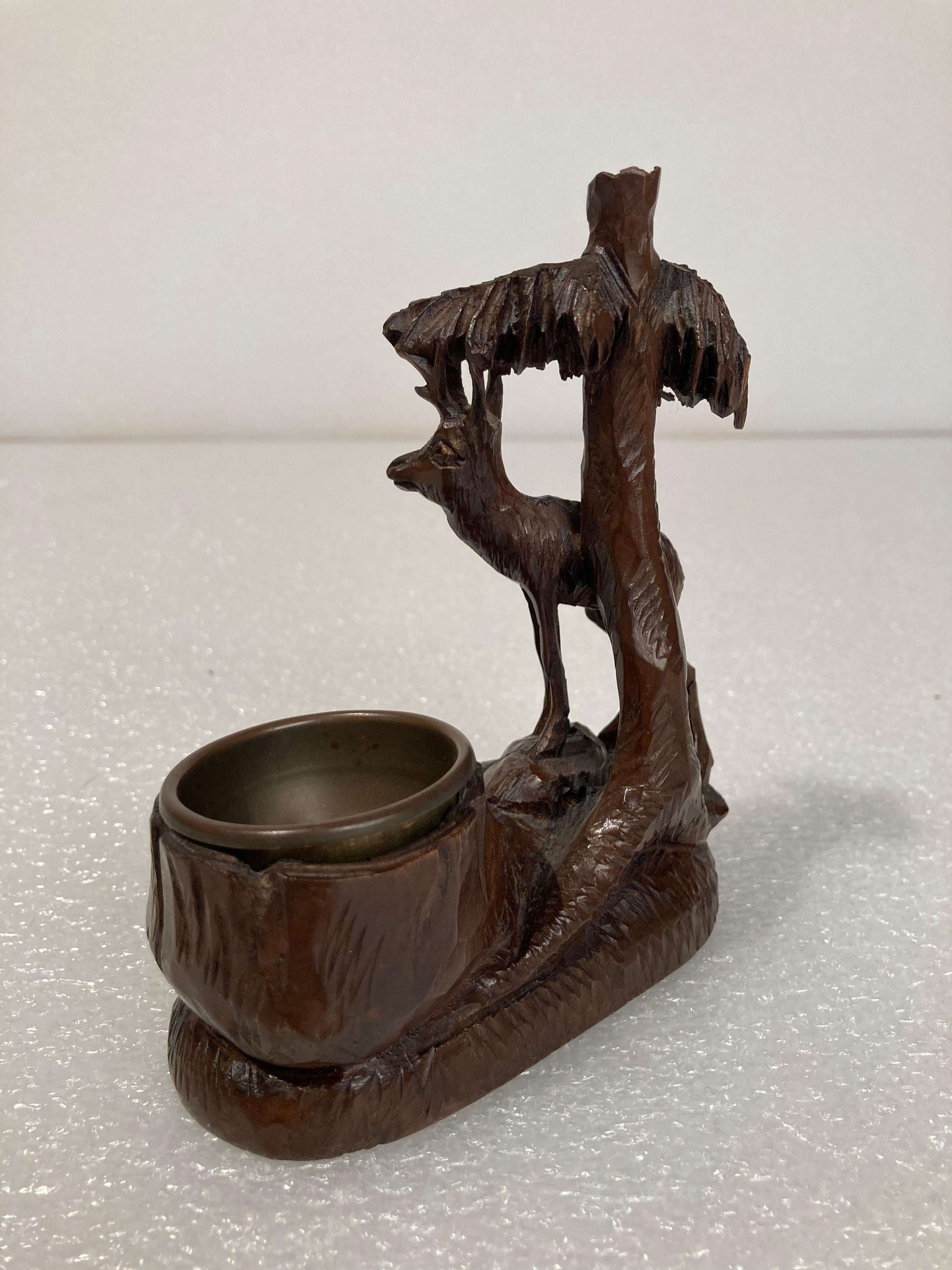 Walnut 19th Century Swiss Black Forest Carving of a Stag and Tree Nut Dish For Sale