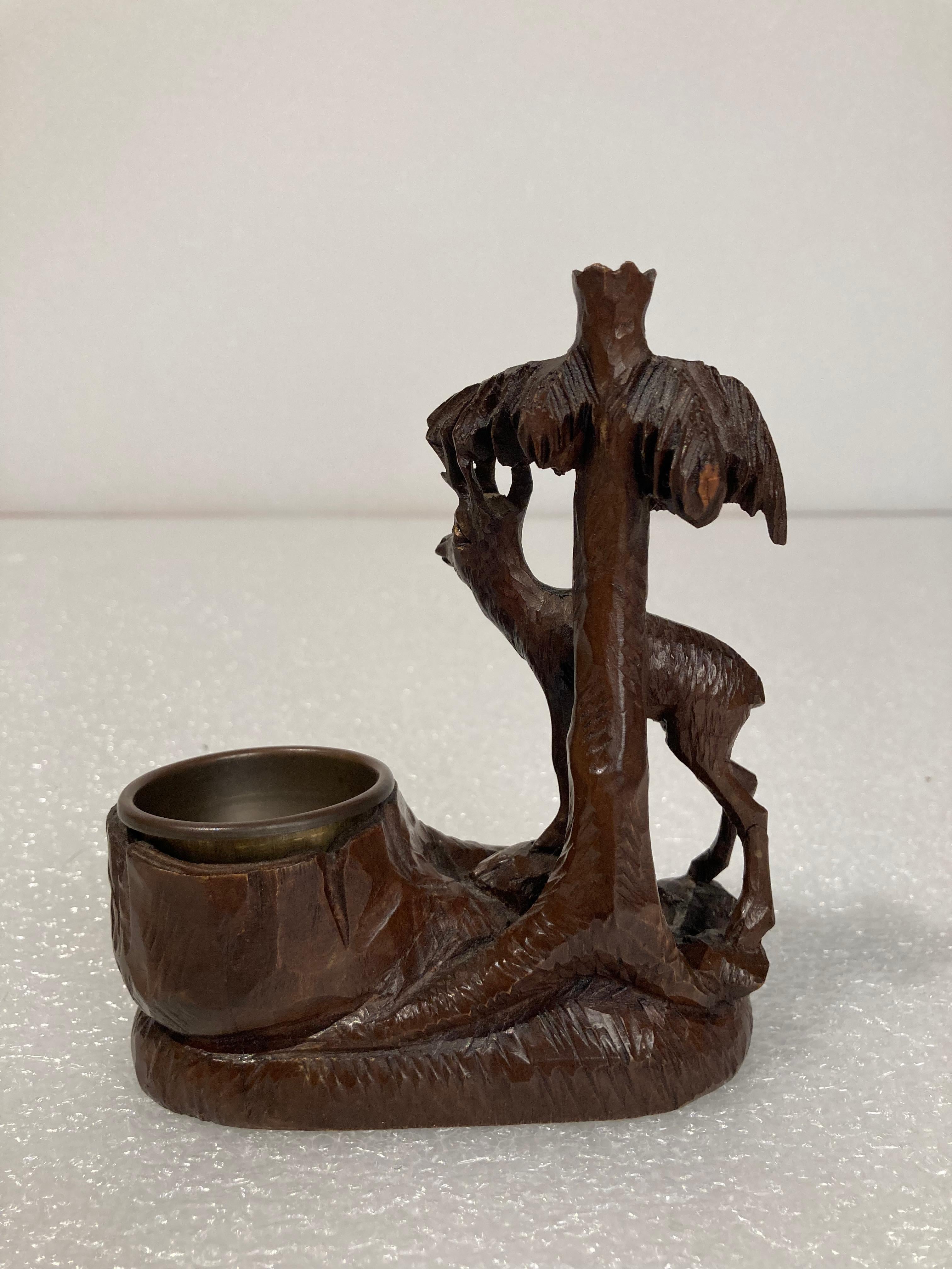 19th Century Swiss Black Forest Carving of a Stag and Tree Nut Dish For Sale 1