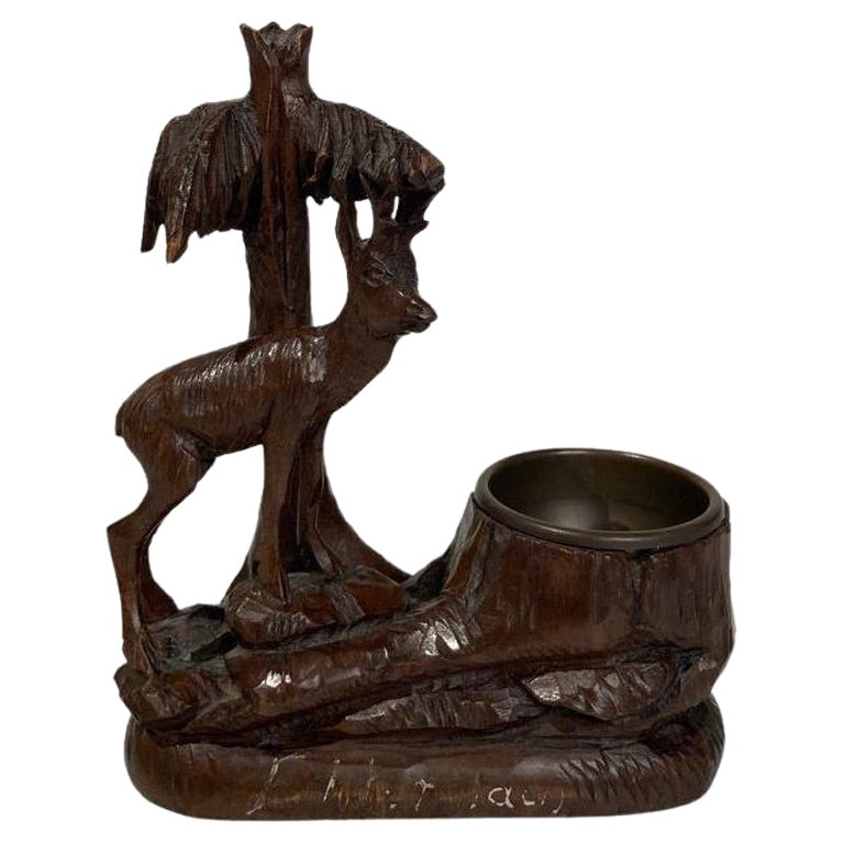 19th Century Swiss Black Forest Carving of a Stag and Tree Nut Dish