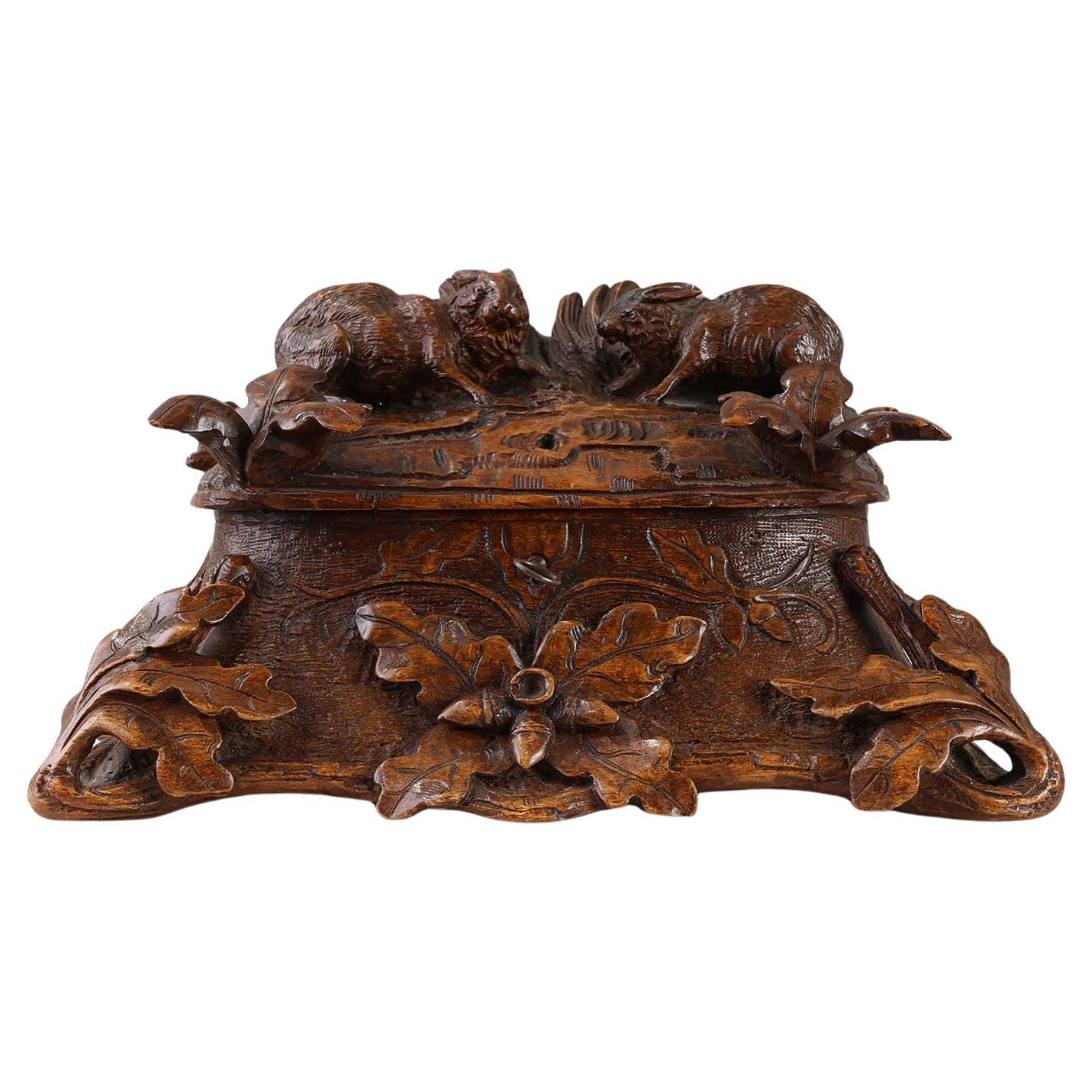 19th Century Swiss Black Forest Hand-Carved Oak Jewelry Box