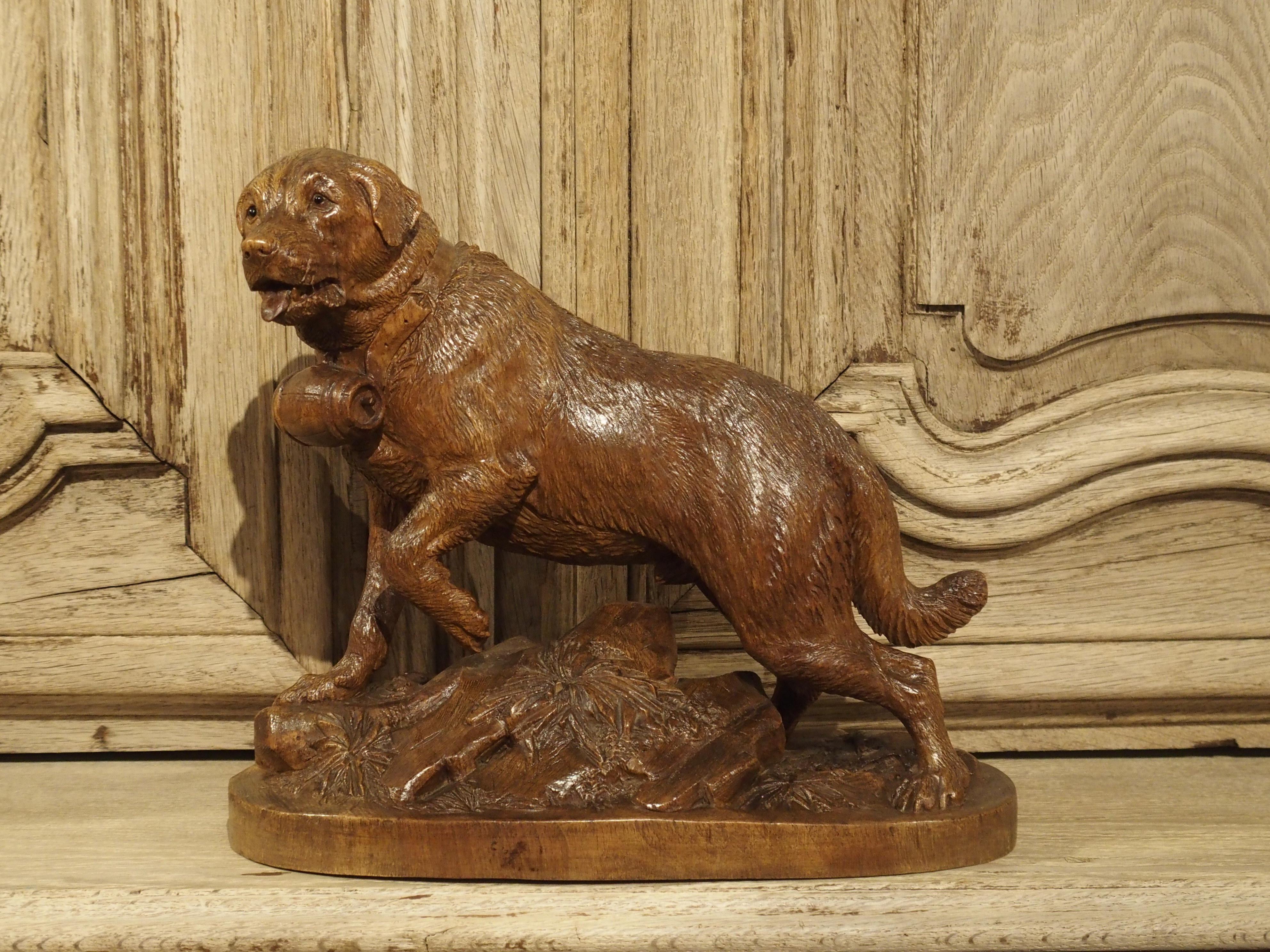 Hand-Carved 19th Century Swiss Black Forest St. Bernard Dog Sculpture