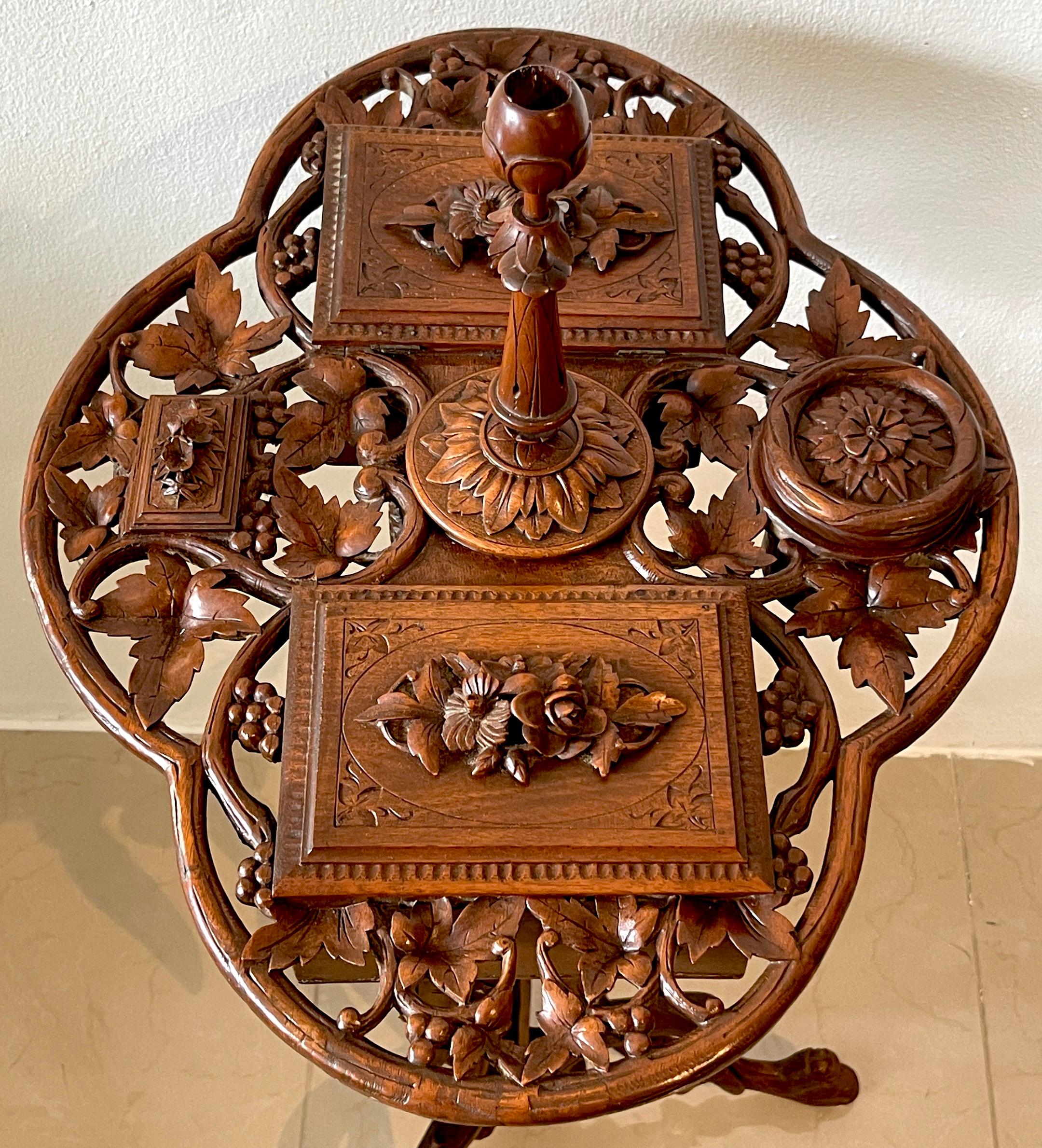 19th Century Swiss Black Forrest Carved Walnut Smoking Stand- Complete For Sale 7