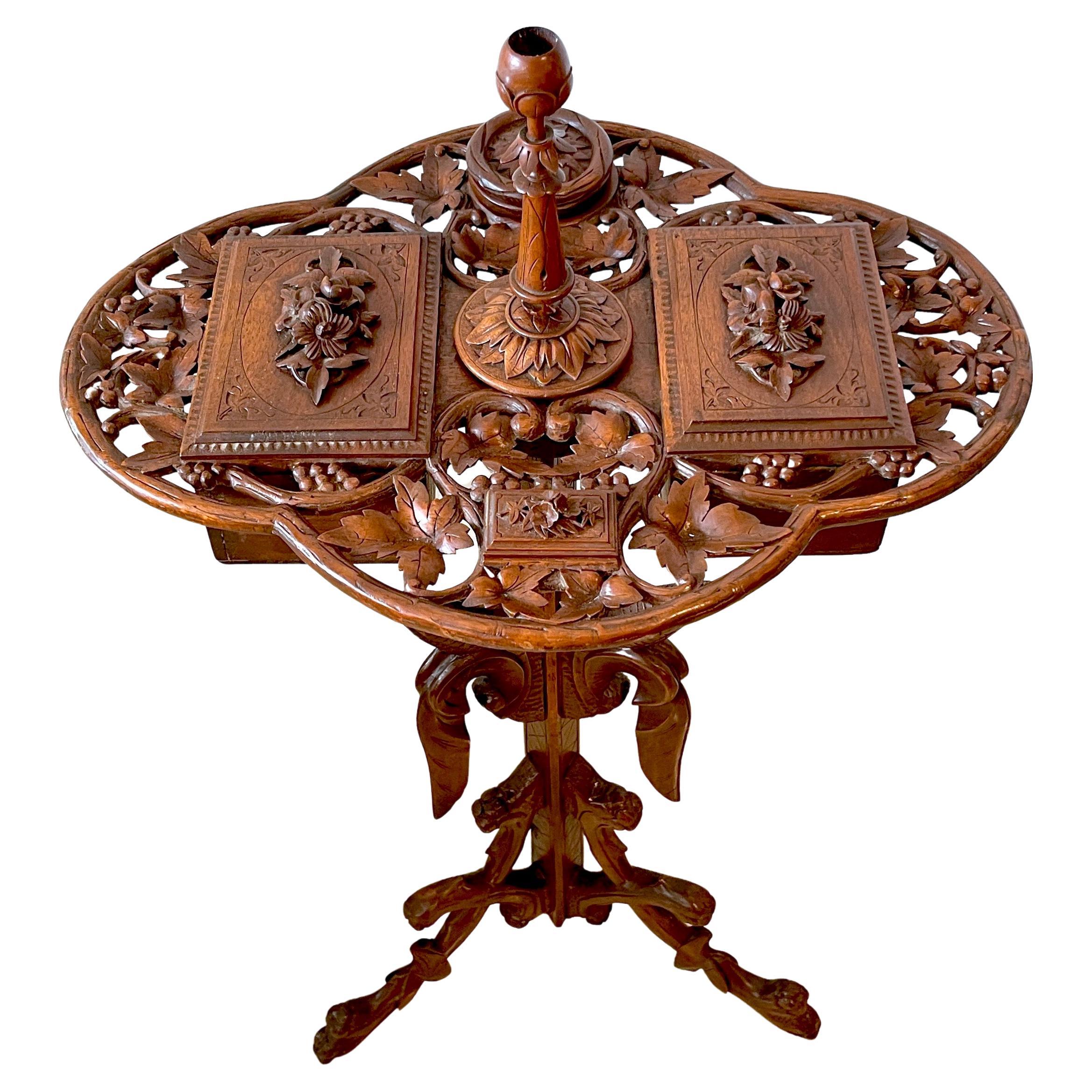 19th Century Swiss Black Forrest Carved Walnut Smoking Stand- Complete For Sale
