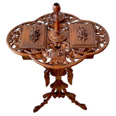 19th Century Swiss Black Forrest Carved Walnut Smoking Stand- Complete