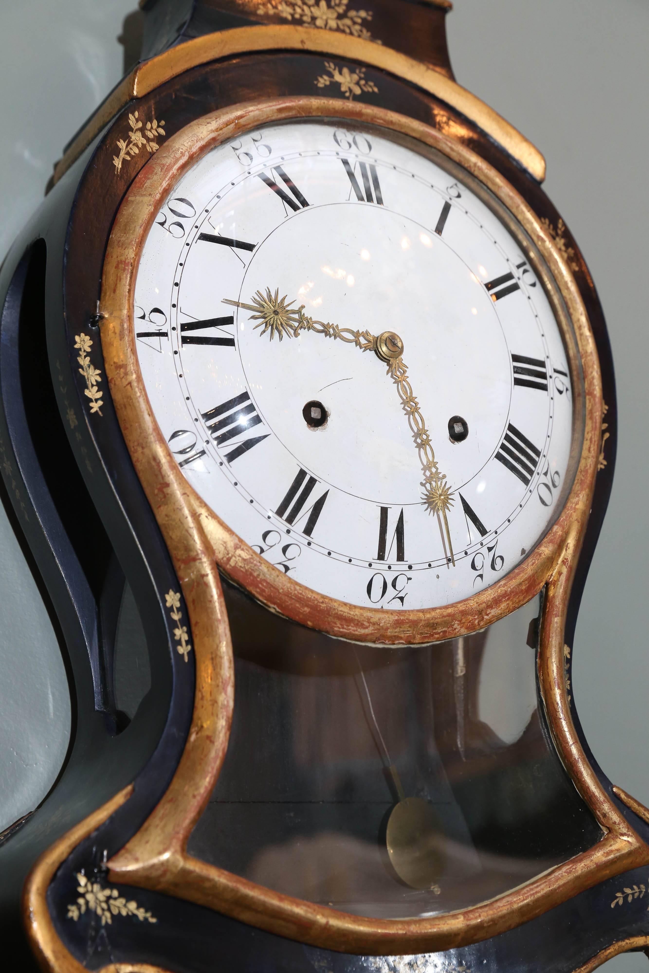 Louis XIV 19th Century Swiss Black Lacquer Cartel Clock with Matching Bracket For Sale