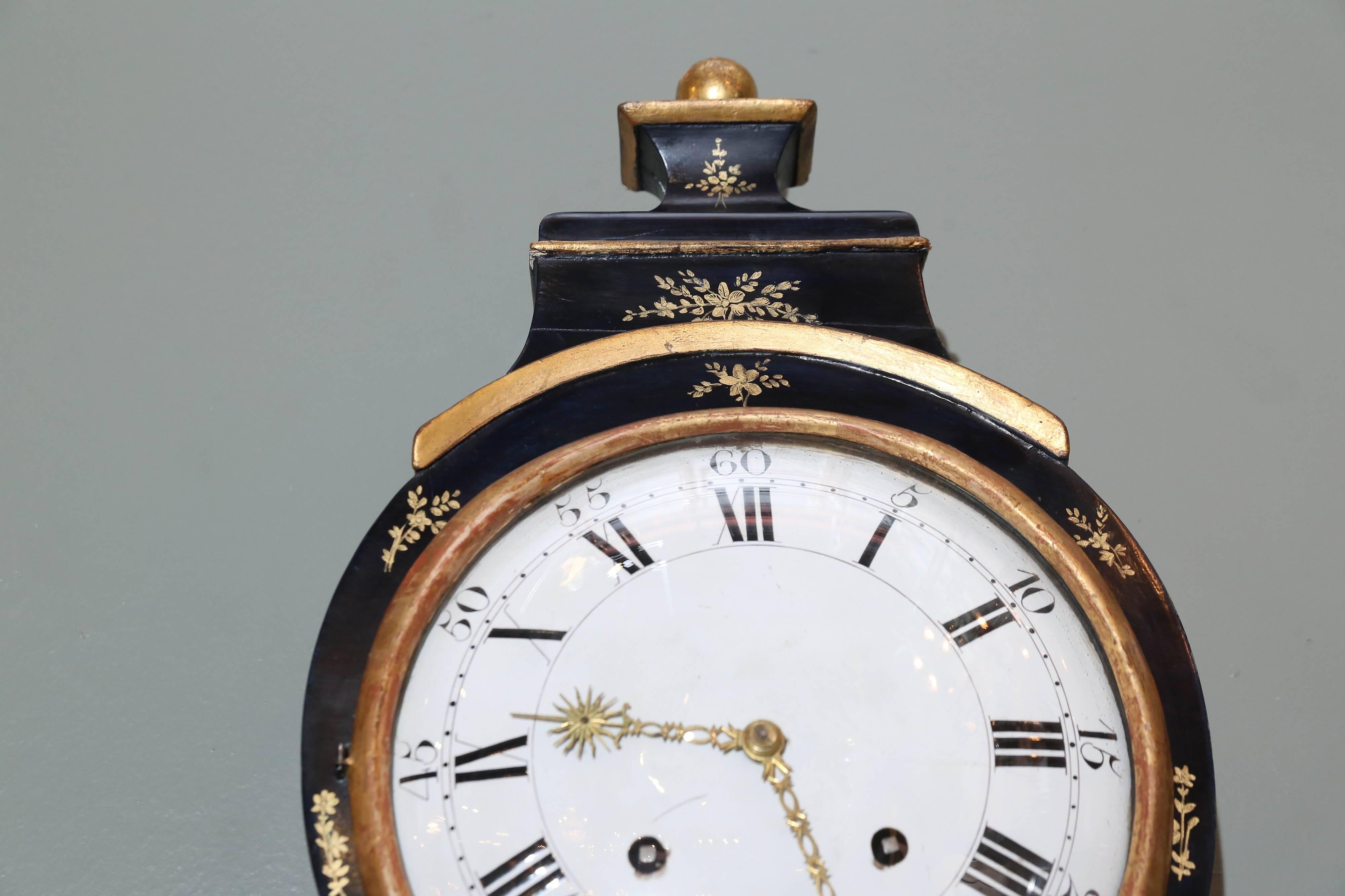 Lacquered 19th Century Swiss Black Lacquer Cartel Clock with Matching Bracket For Sale