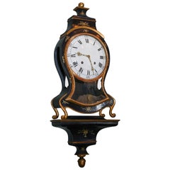 Antique 19th Century Swiss Black Lacquer Cartel Clock with Matching Bracket