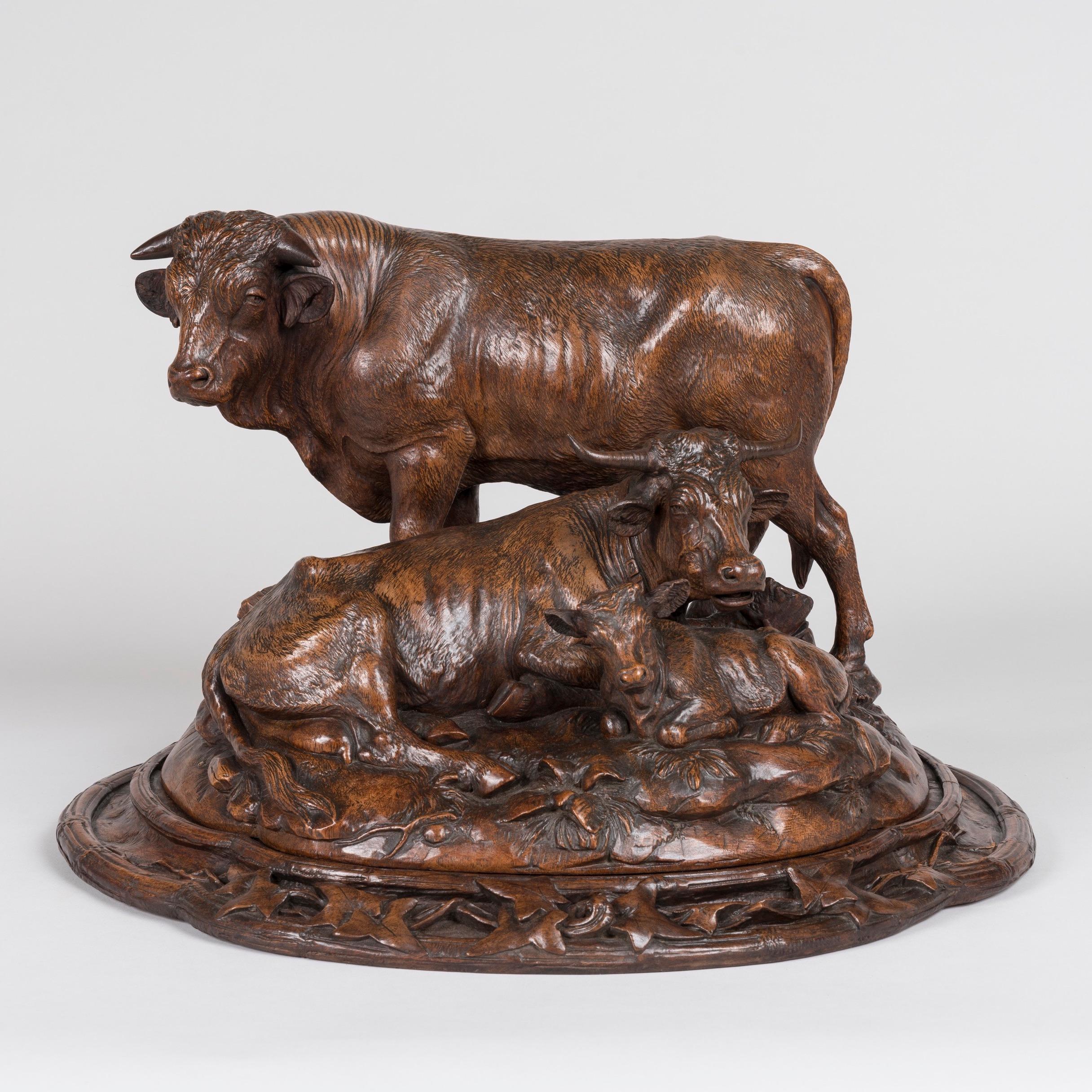 Hand-Carved 19th Century Swiss Carved 'Black Forest' Cattle Group For Sale