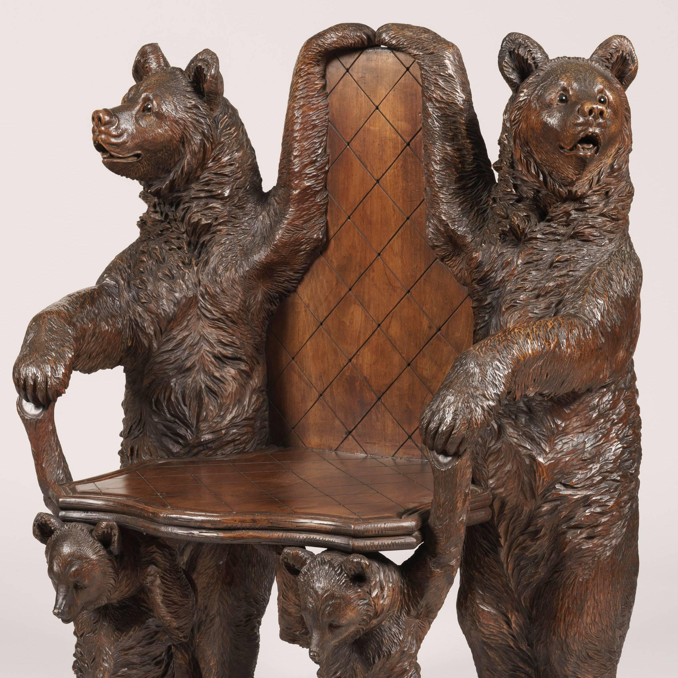 19th Century Swiss Carved Lindenwood 'Black Forest' Bear Seat In Excellent Condition In London, GB