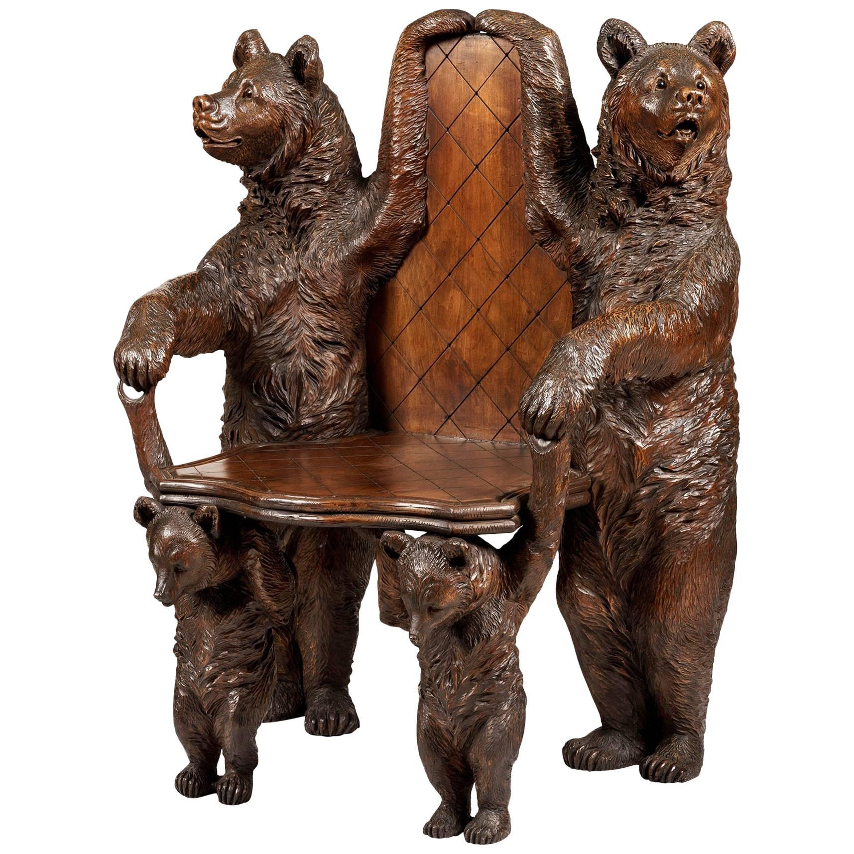19th Century Swiss Carved Lindenwood 'Black Forest' Bear Seat