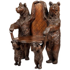 19th Century Swiss Carved Lindenwood 'Black Forest' Bear Seat