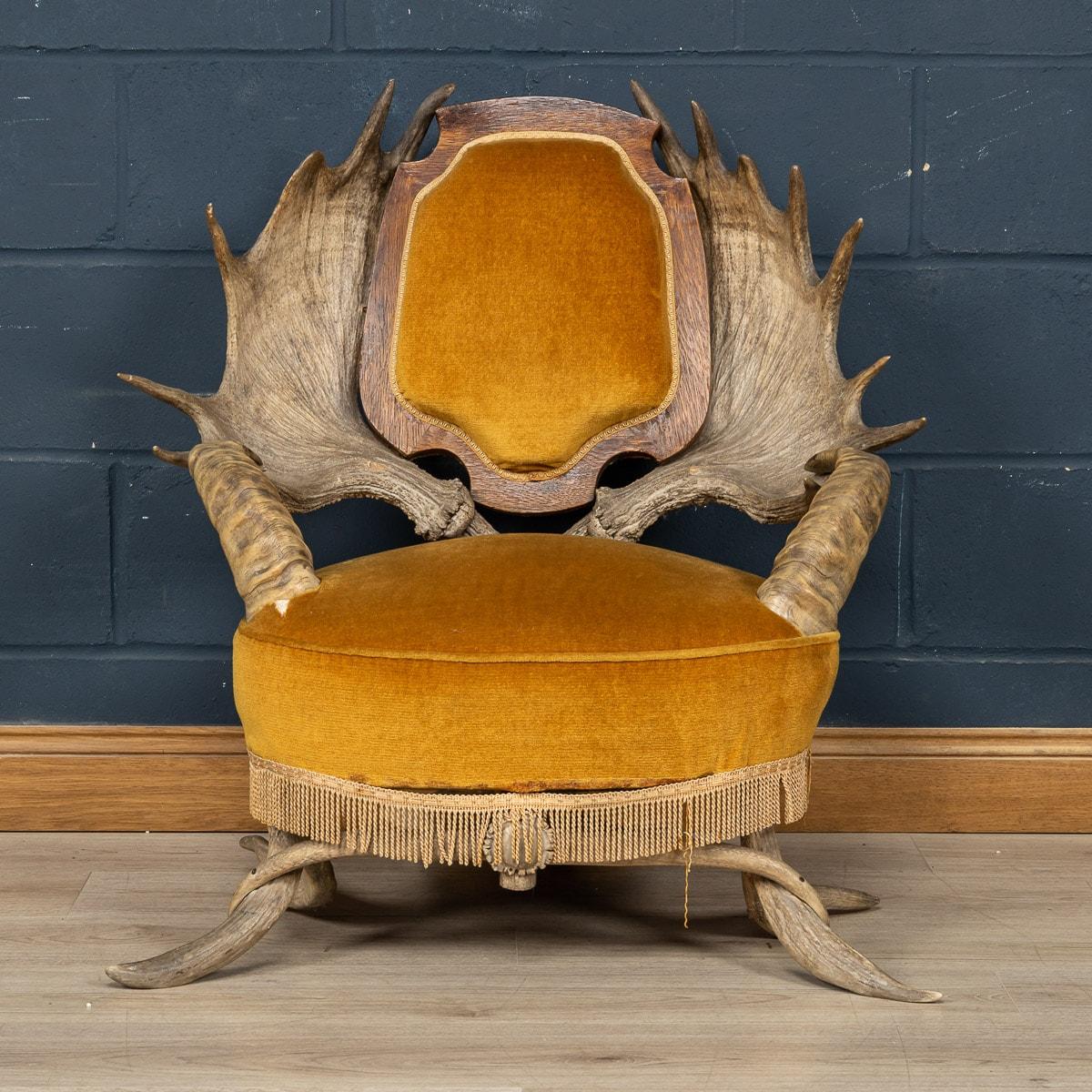 A very unusual throne chair or armchair made in the Black Forest region of south-west Germany bordering Switzerland. The horns from elk/moose, antler and goat are intertwined to create the structure and the legs. Dating to the latter part of the