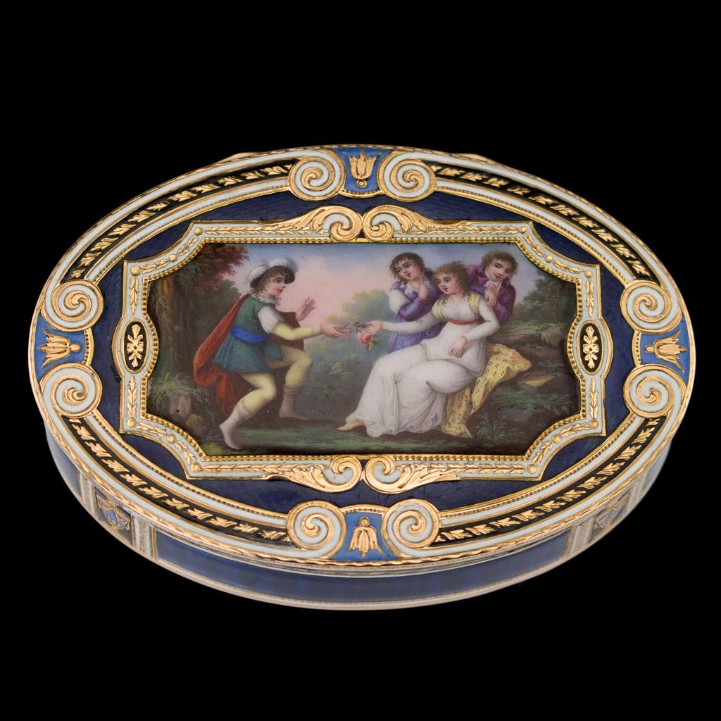 Antique 19th century Swiss 18-karat gold snuff box, the lid depicting a hand painted romantic courting scene, engine-turned decoration on lid, sides and base, applied with dark blue translucent enamel, white enamel Grecian boarders, laurel leaves