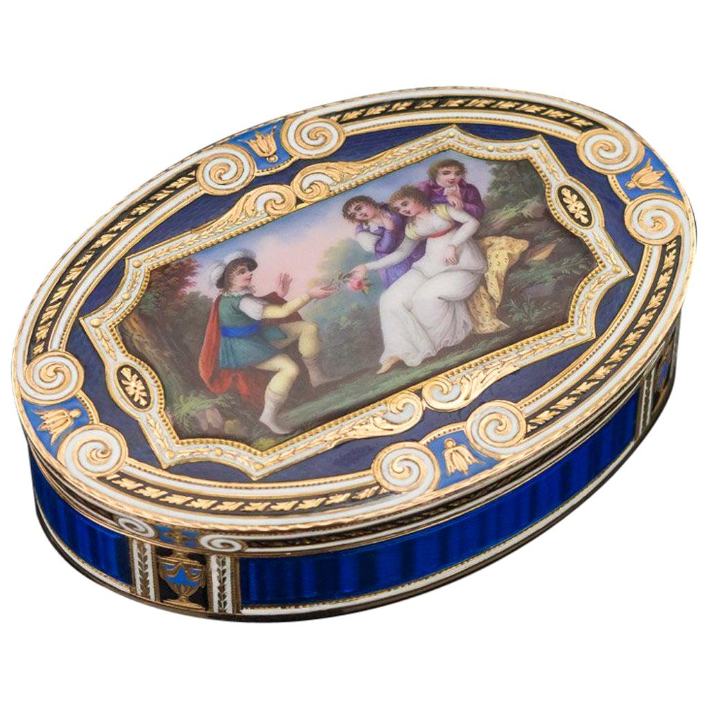 19th Century Swiss Gold and Hand Painted Enamel Snuff Box, circa 1800