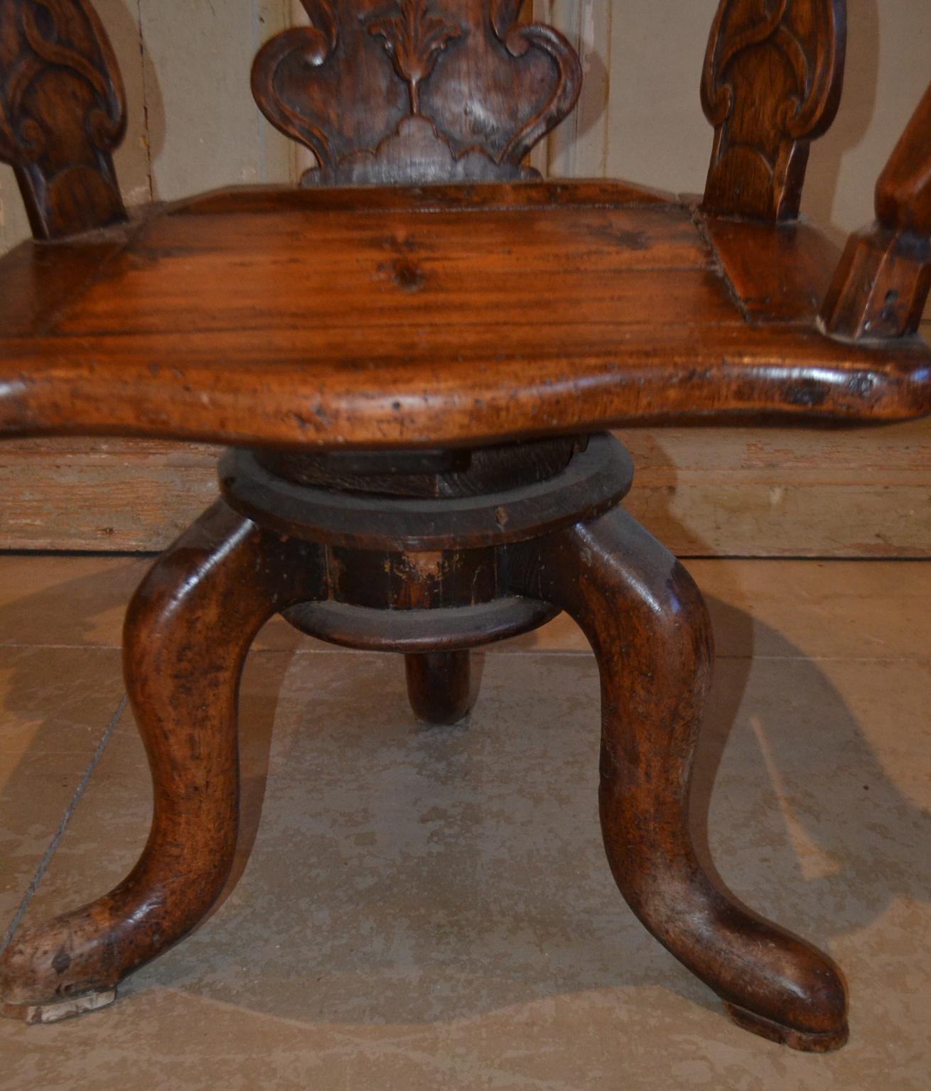 19th Century Swiss Hand Carved Wood Swivel Desk Chair For Sale 1