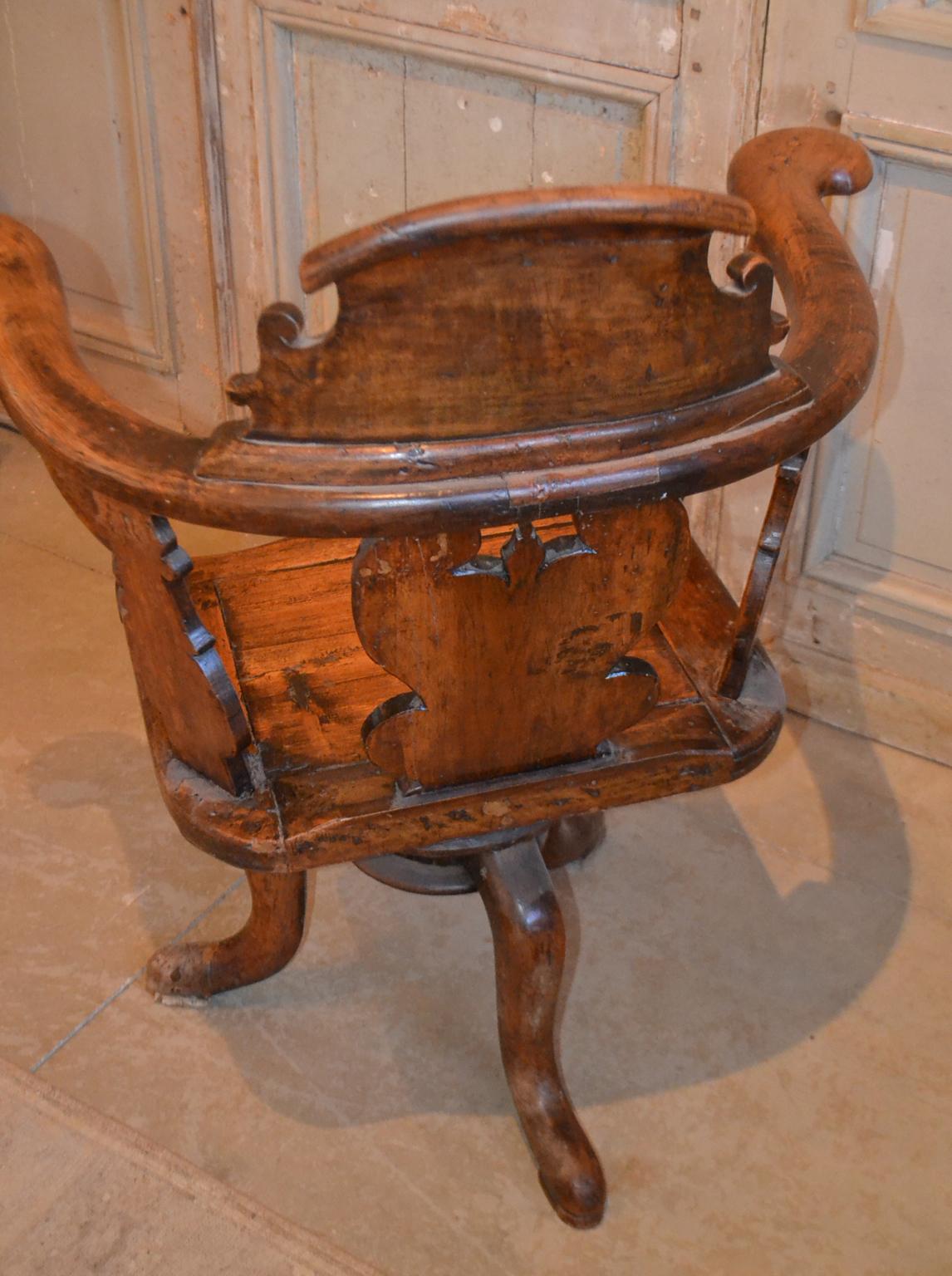 19th Century Swiss Hand Carved Wood Swivel Desk Chair For Sale 2