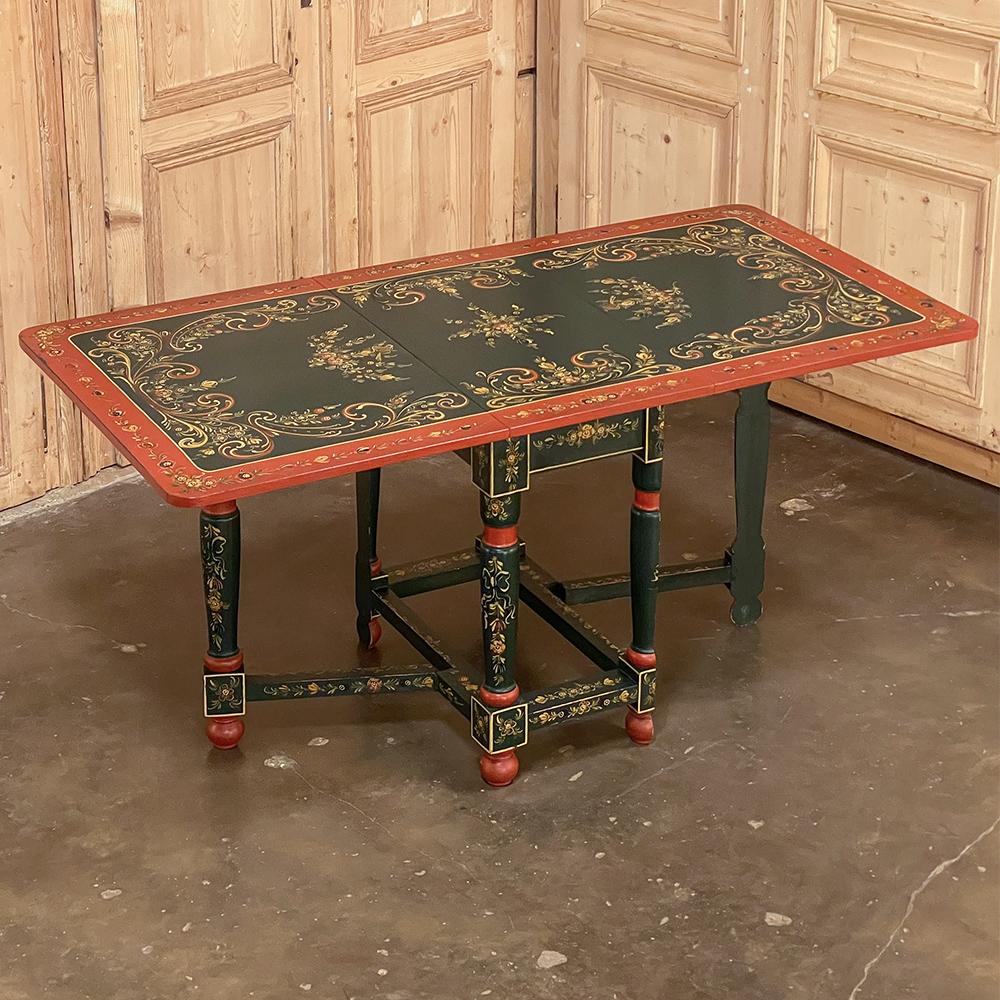 Wood 19th Century Swiss Hand-Painted Drop Leaf Table For Sale