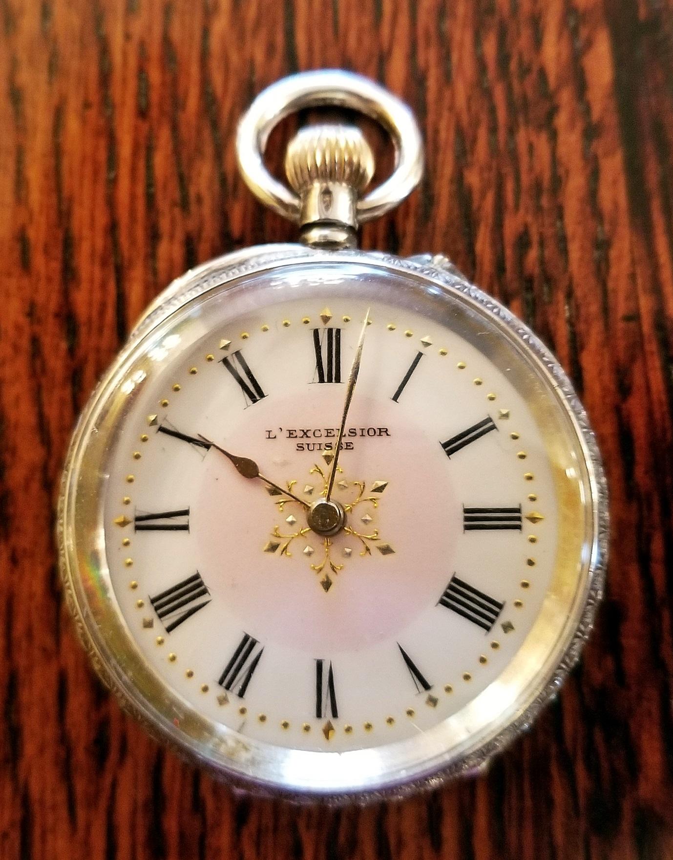 19th Century Swiss Ladies L Excelsior Silver Pocket Watch For Sale 2