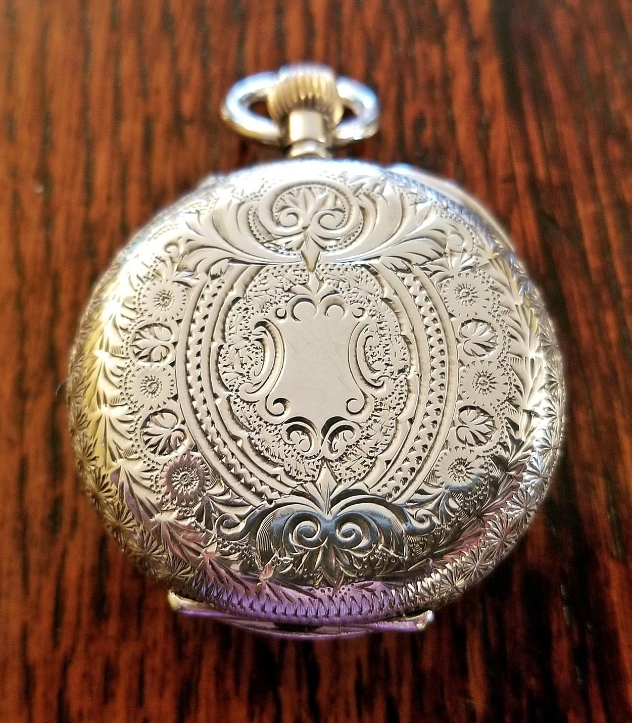 Engraved 19th Century Swiss Ladies L Excelsior Silver Pocket Watch For Sale