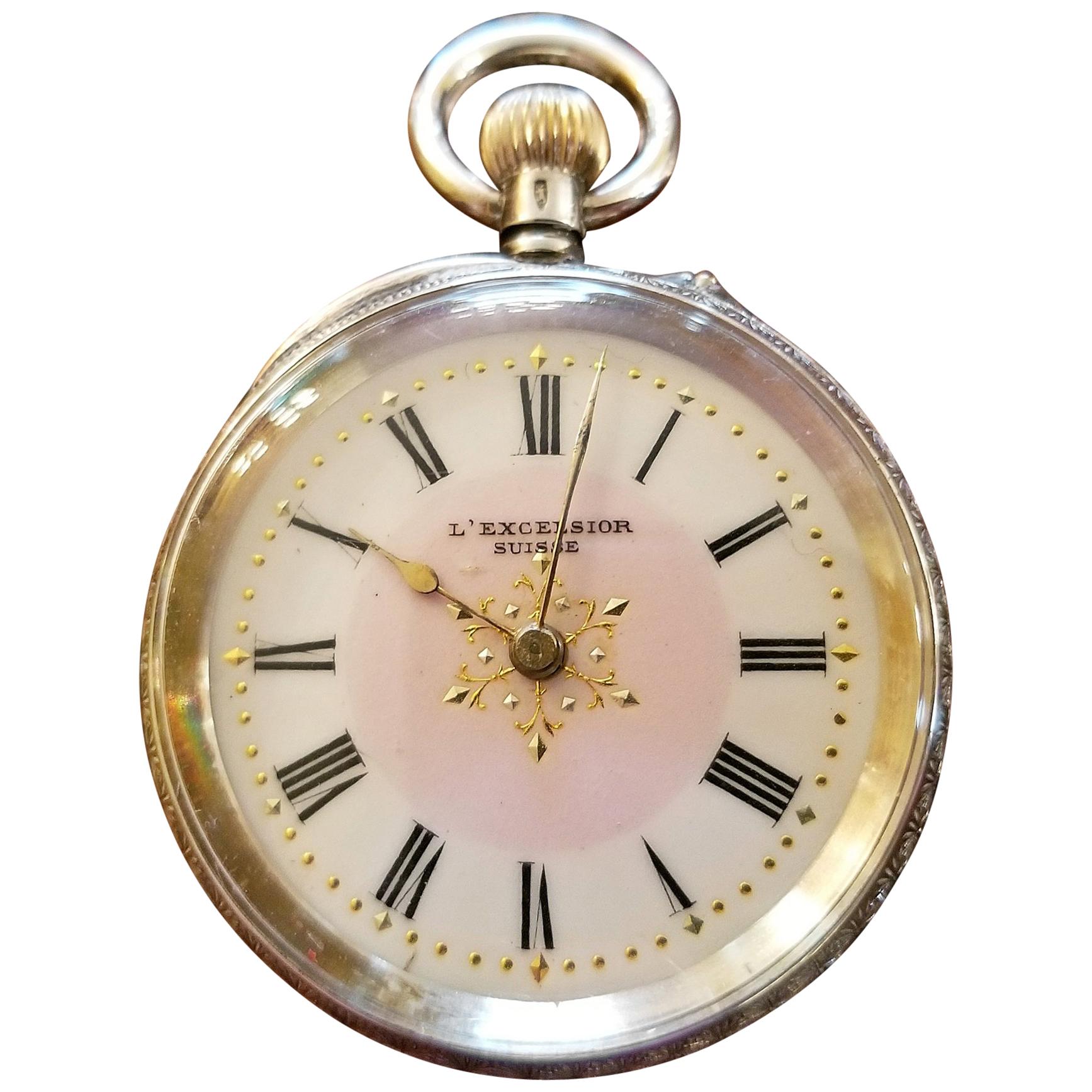 19th Century Swiss Ladies L Excelsior Silver Pocket Watch For Sale