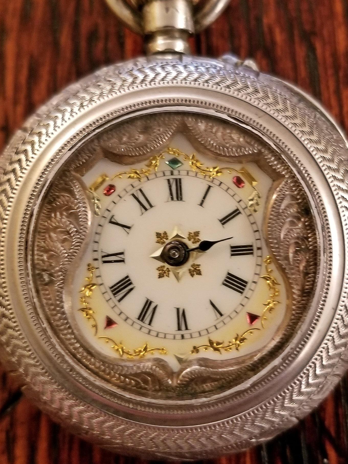 Enameled 19th Century Swiss Ladies Silver Pocket Watch, Half Hunter – ‘EZ’ Makers Mark