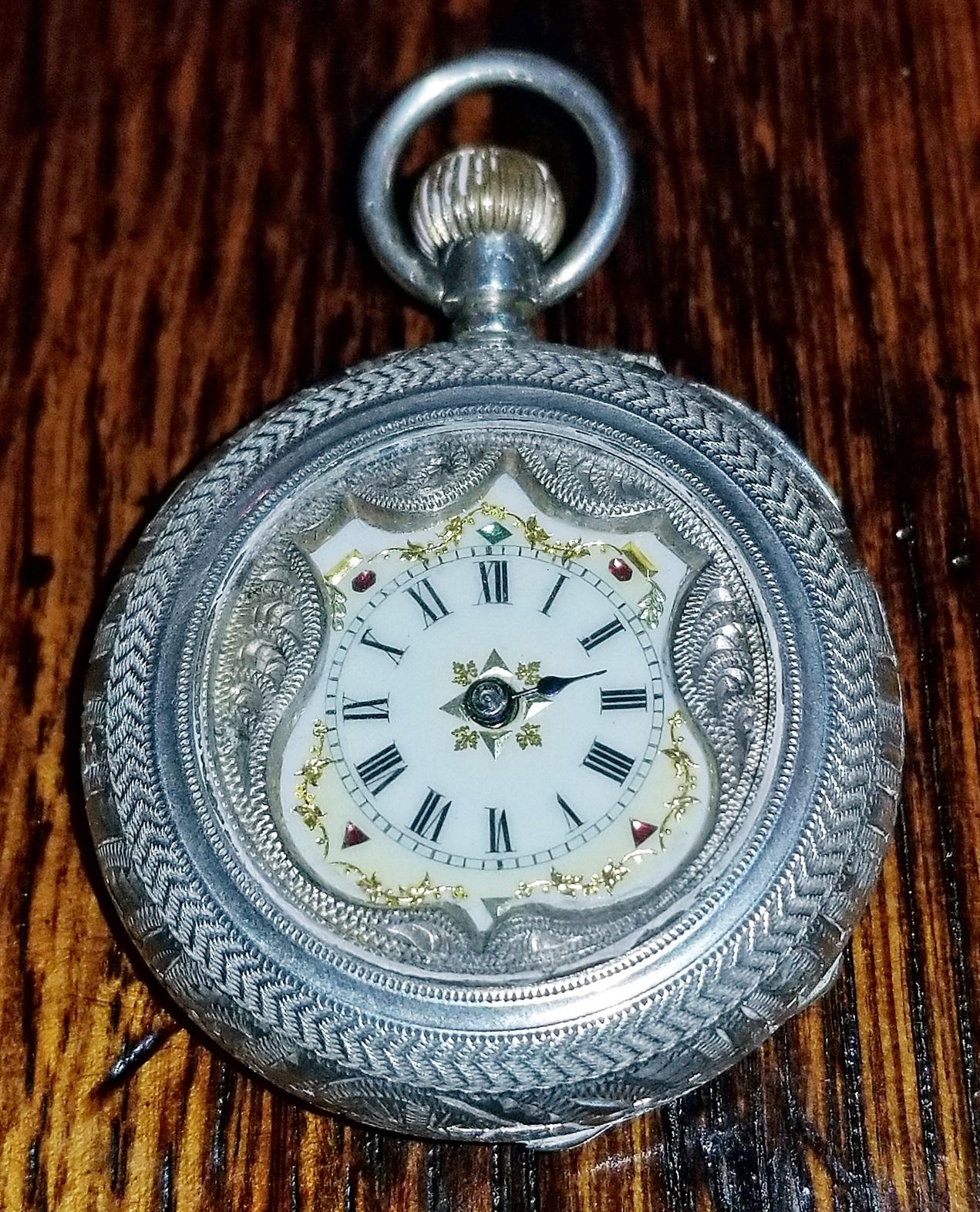 19th Century Swiss Ladies Silver Pocket Watch, Half Hunter – ‘EZ’ Makers Mark In Fair Condition In Dallas, TX
