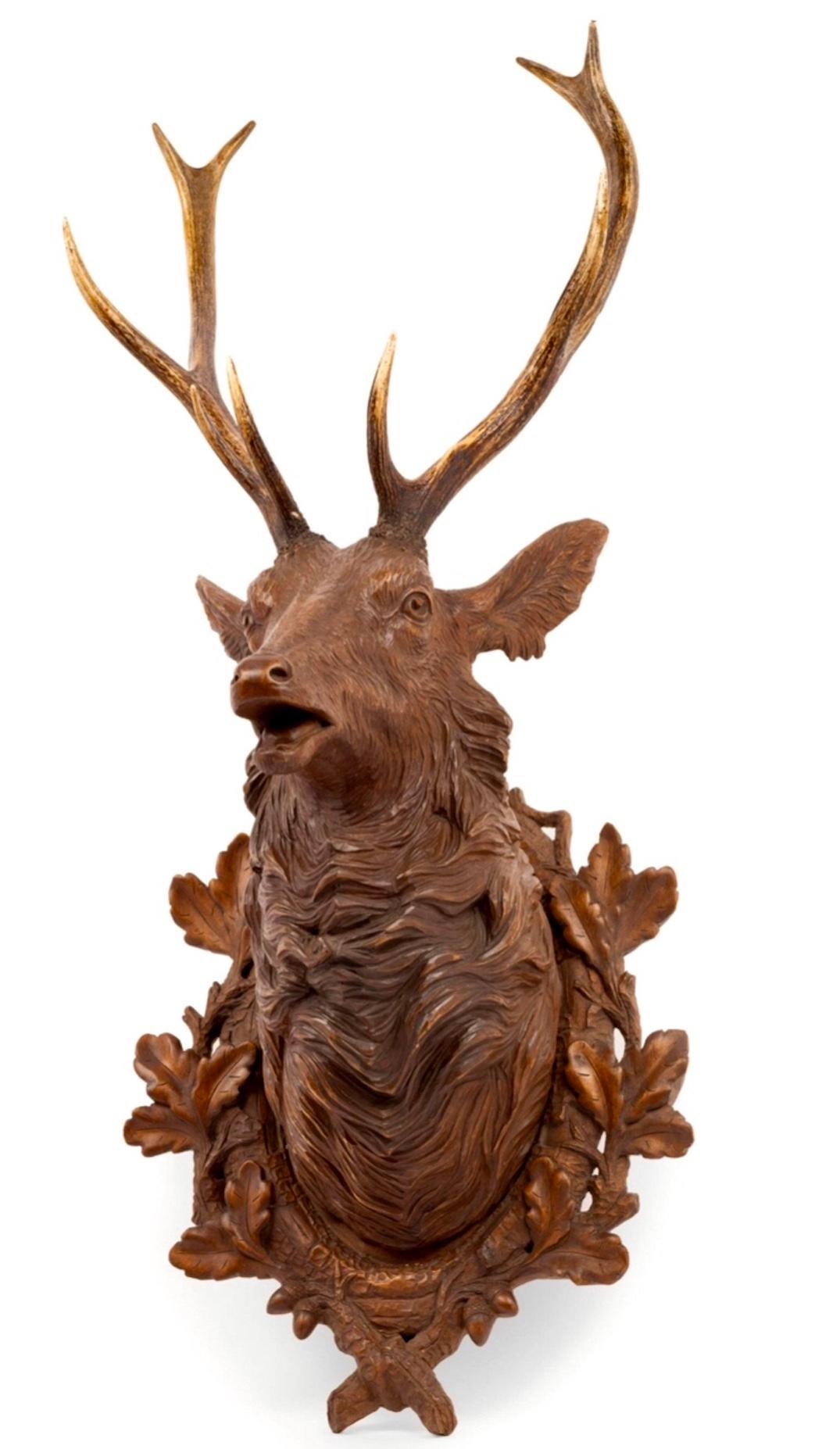 Black Forest 19th Century Swiss Life-Size Wood Carved Stag Head Mount