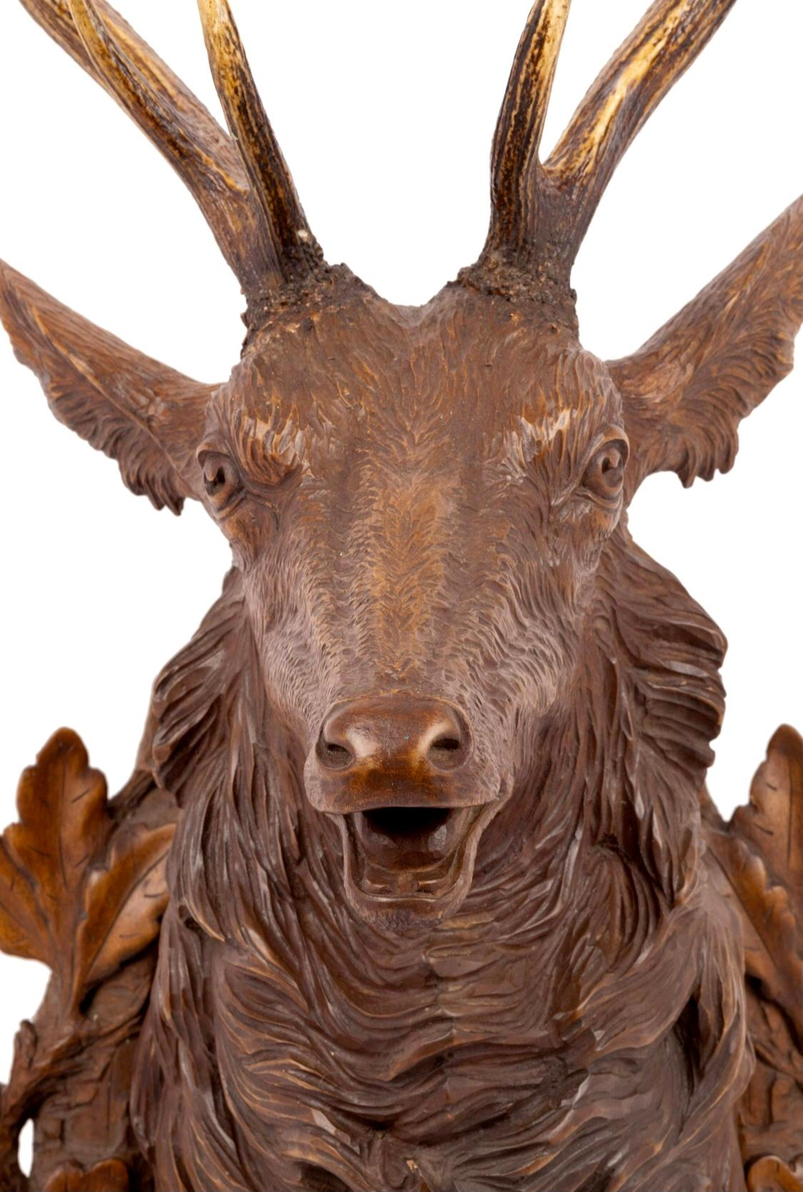 Hand-Carved 19th Century Swiss Life-Size Wood Carved Stag Head Mount