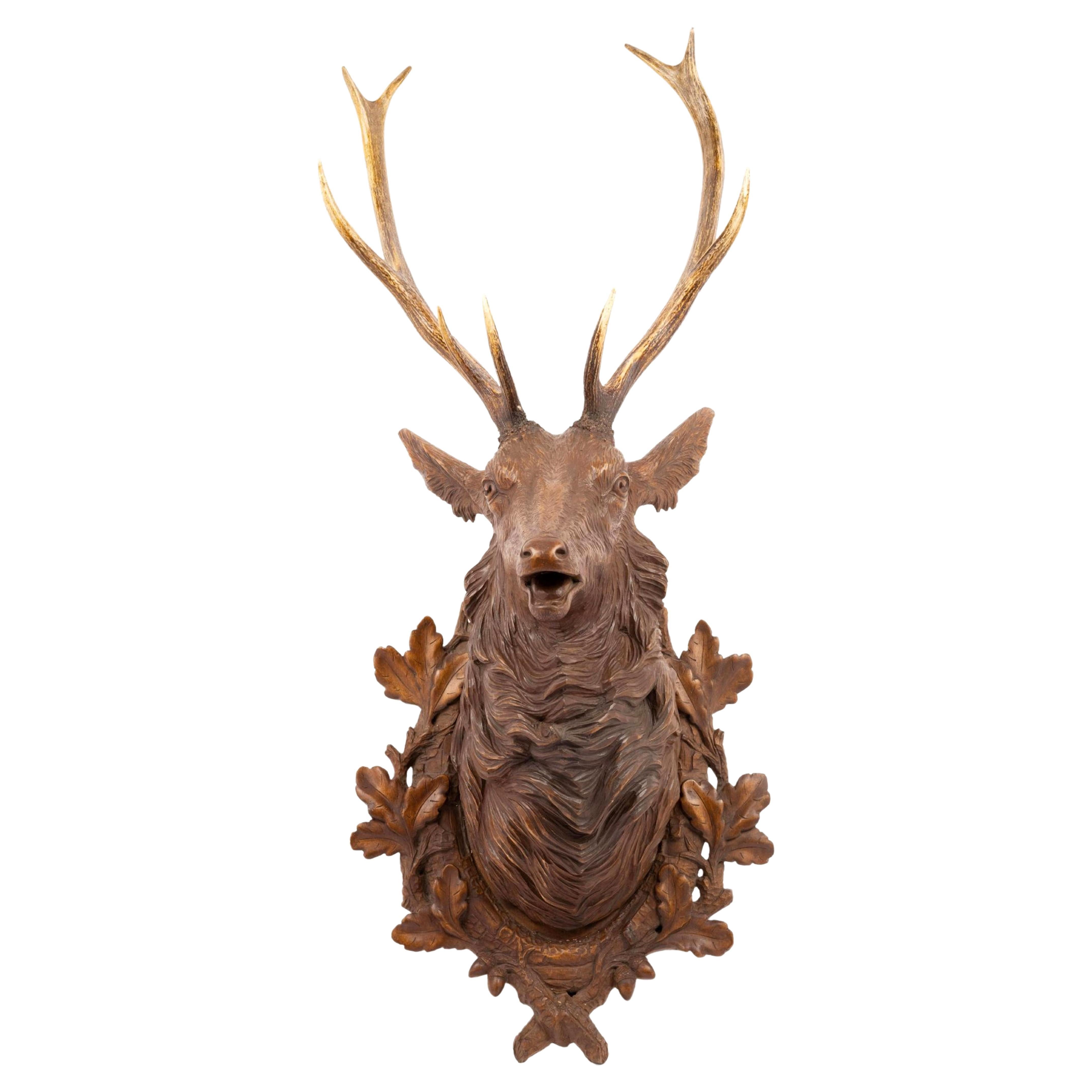 19th Century Swiss Life-Size Wood Carved Stag Head Mount
