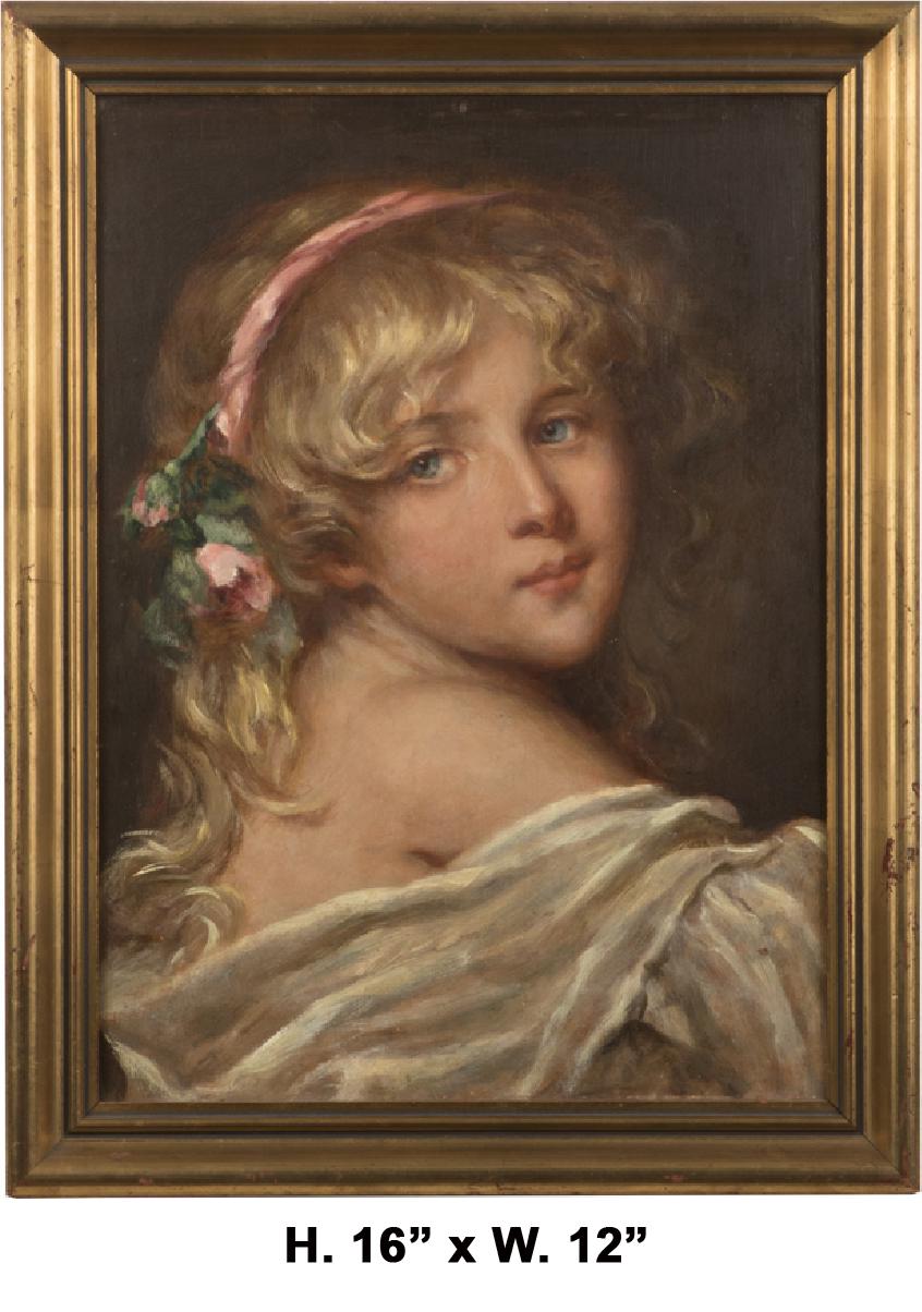 Continental oil on board painting of a blonde girl, within a giltwood frame.
Inscribed in pencil on the back. (see photos for reference)

Bearing label: 
