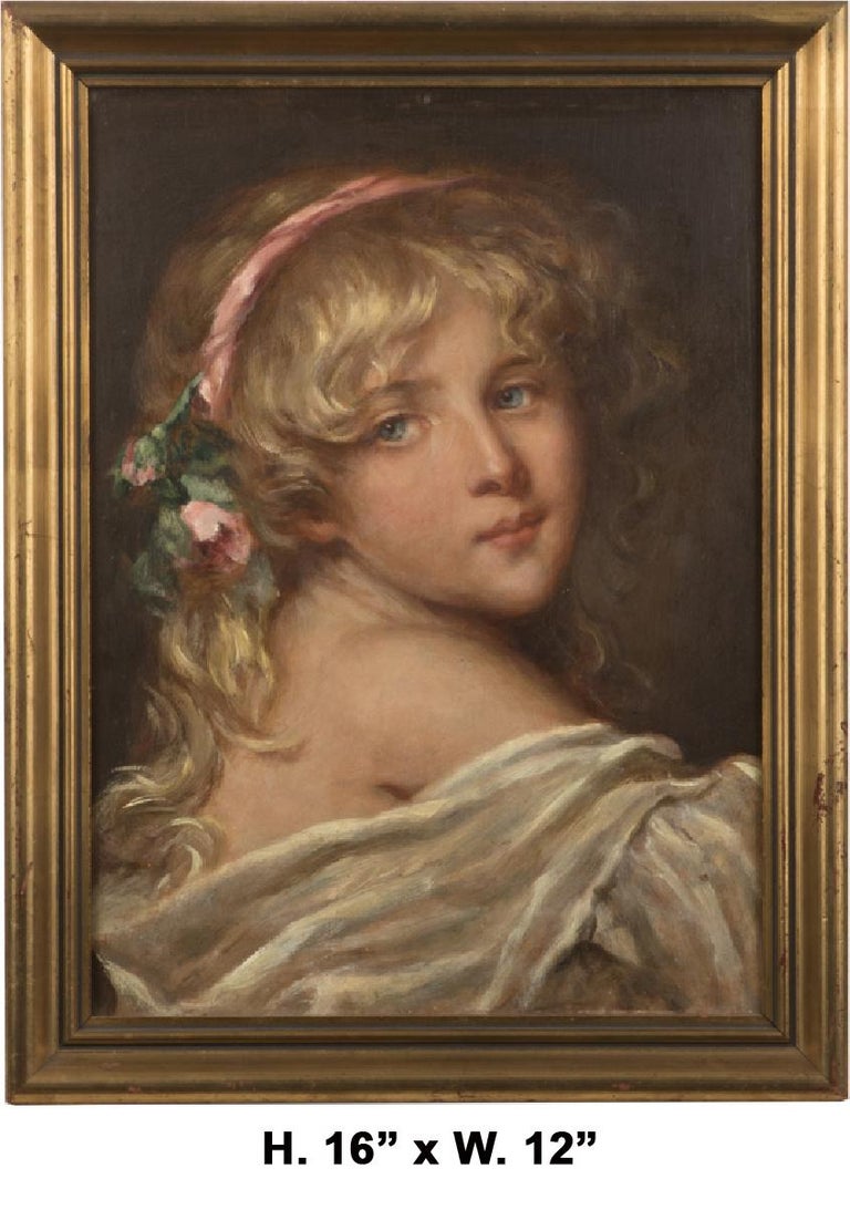 Continental oil on board painting of a blonde girl, within a giltwood frame.
Inscribed in pencil on the back. (see photos for reference)

Bearing label: 
