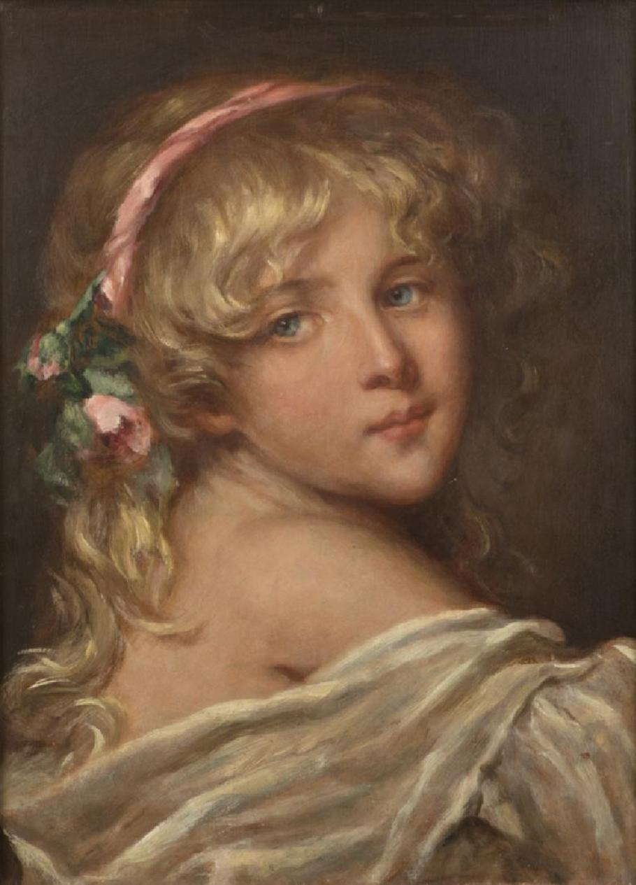 Suédois Peinture suisse du XIXe siècle à l'huile sur panneau d'une jeune fille blonde en vente