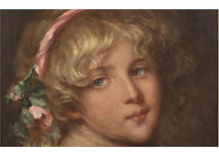 Carved 19th Century Swiss Oil on Board Painting of Blonde Girl For Sale