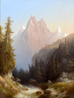 Schreckhorn Mountain - 19th Century Antique Switzerland Alps Landscape Painting