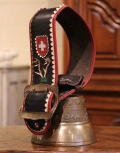 19th Century Swiss Signed Bronze Cow Bell with Original Leather Strap & Buckle