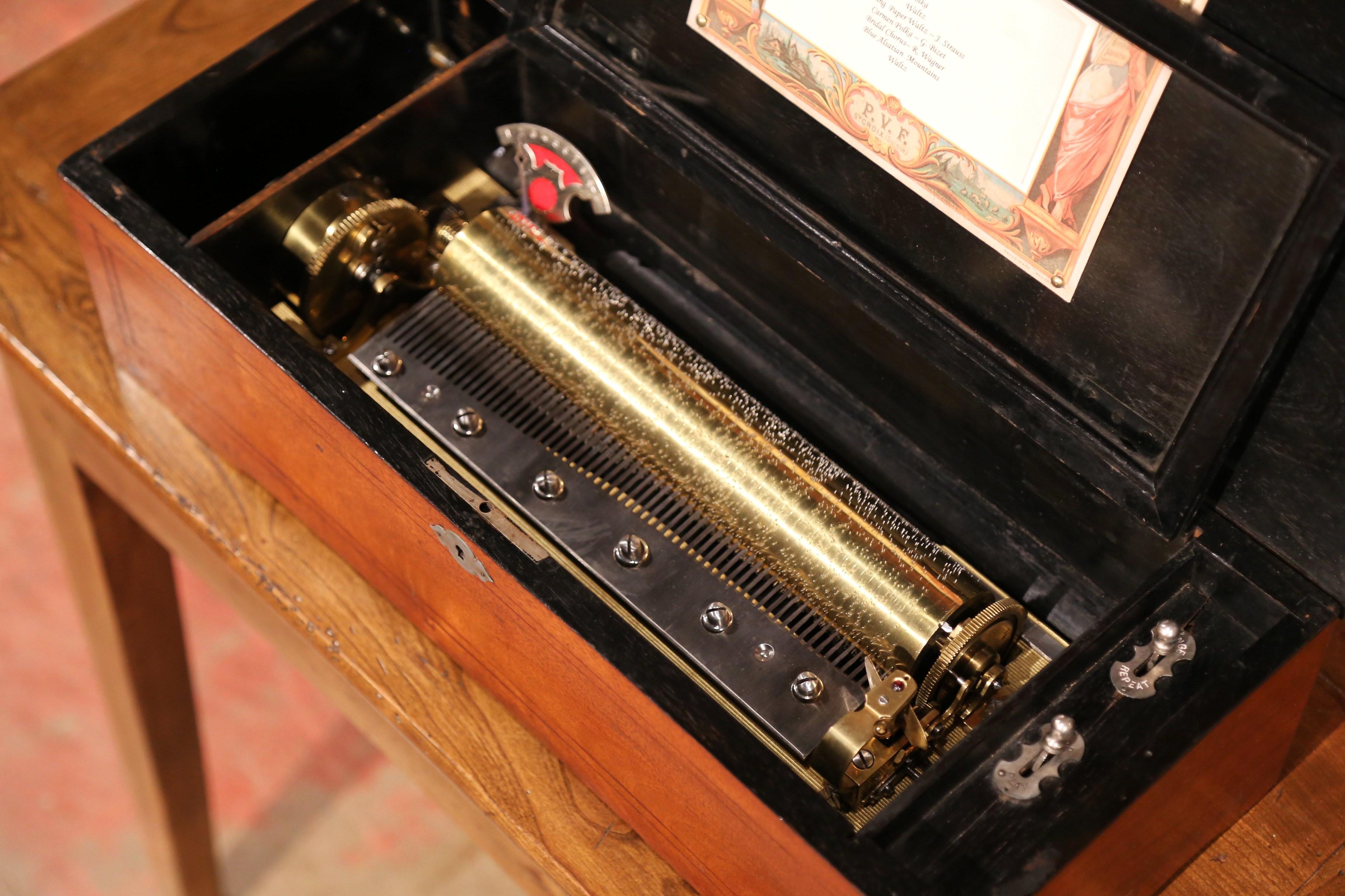 19th Century Swiss Wood Inlaid and Ebonized Cylinder Music Box with Ten Songs 6