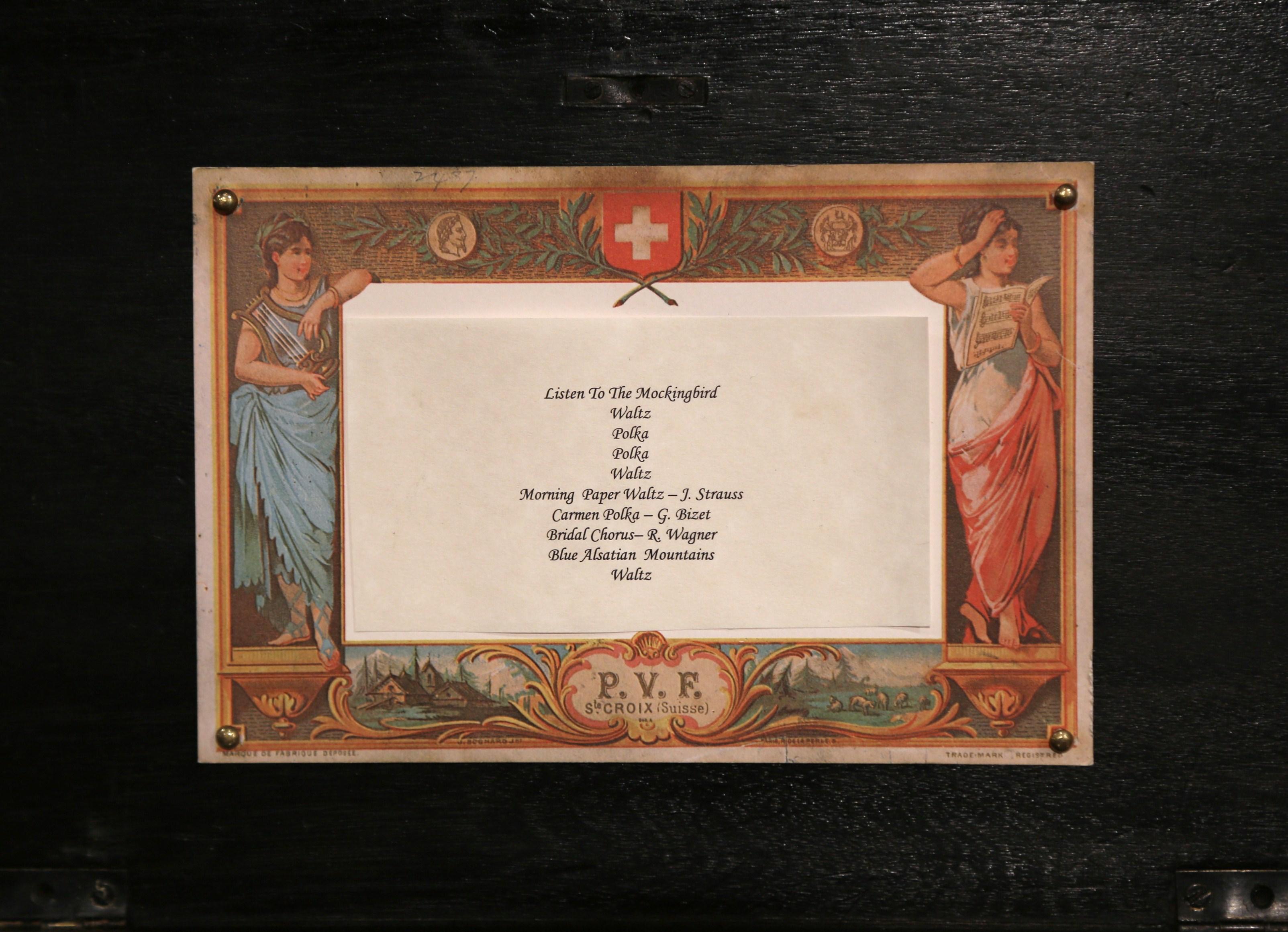 19th Century Swiss Wood Inlaid and Ebonized Cylinder Music Box with Ten Songs In Excellent Condition In Dallas, TX
