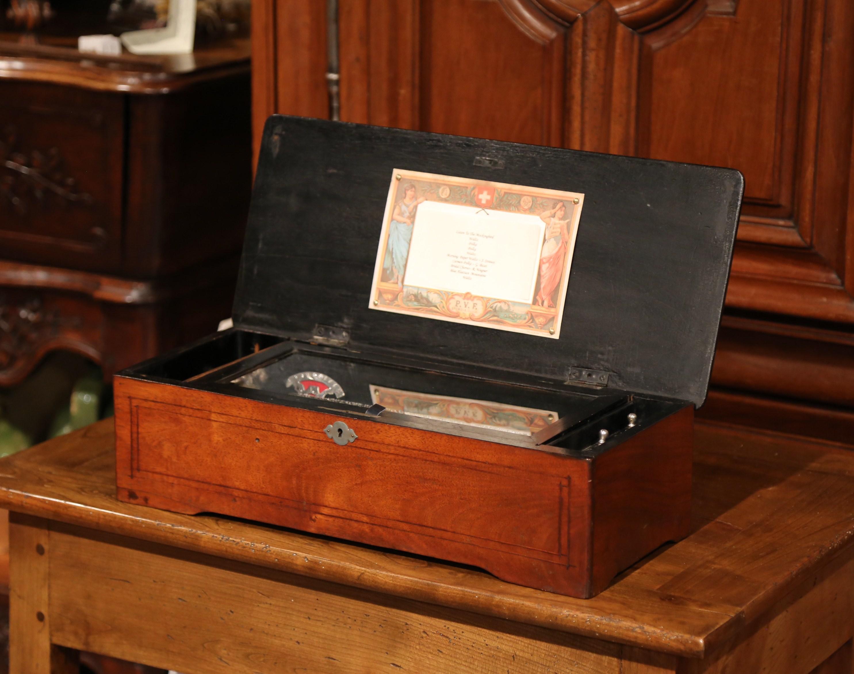 Brass 19th Century Swiss Wood Inlaid and Ebonized Cylinder Music Box with Ten Songs