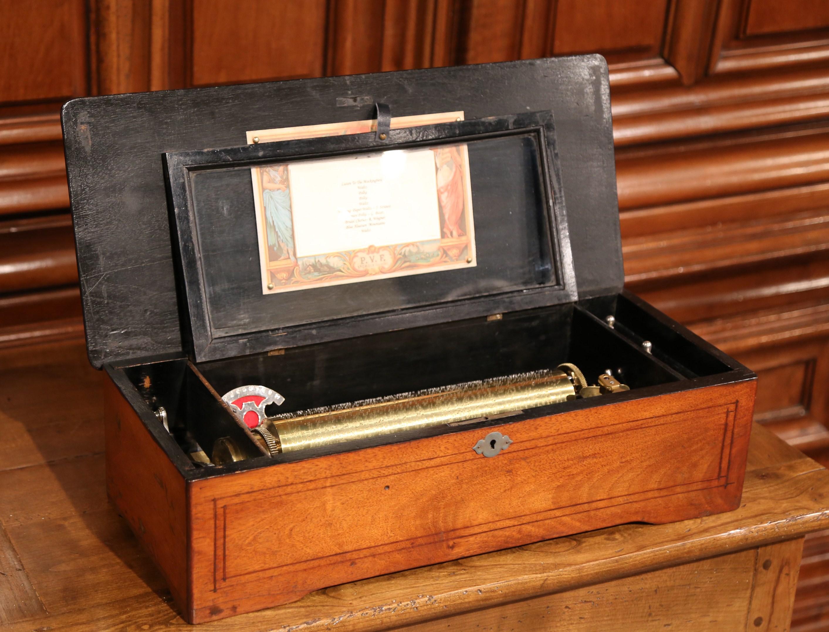19th Century Swiss Wood Inlaid and Ebonized Cylinder Music Box with Ten Songs 4