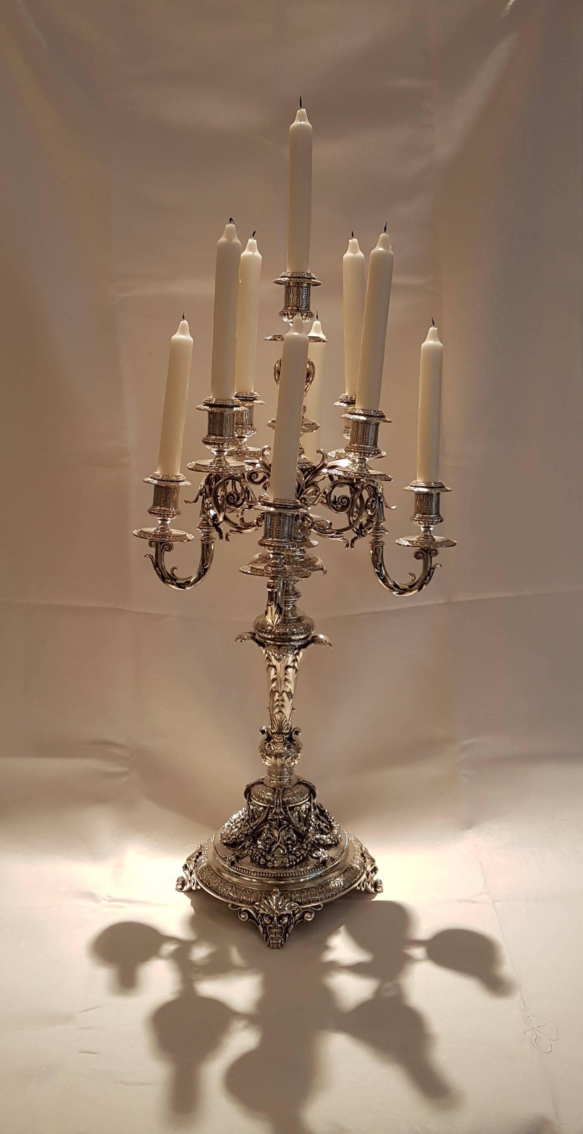 Extraordinary richly ornated 19th century nine light candelabra made of 800 Silver manufactured by Sy & Wagner 