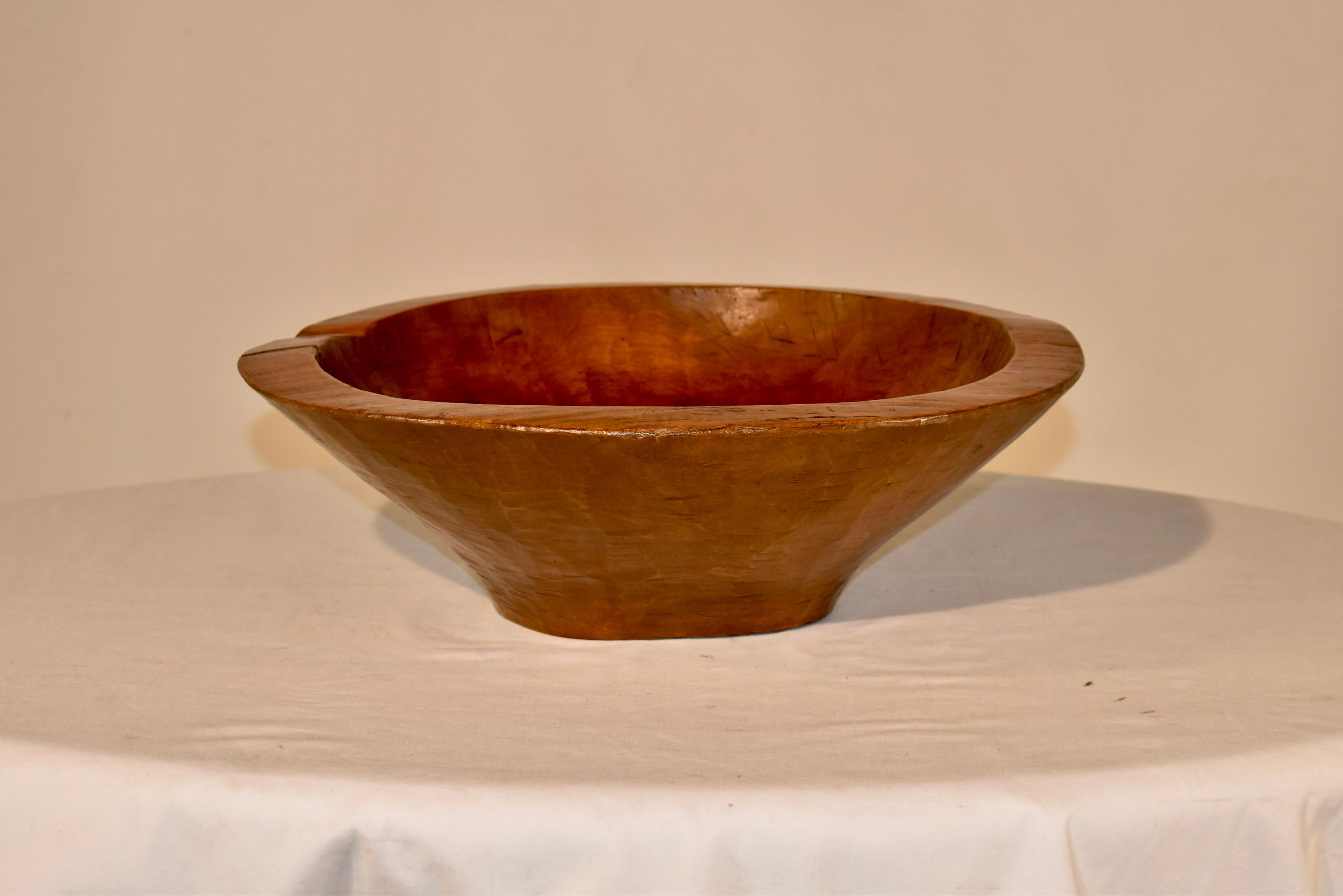 19th century Han hewn bowl from France made from Sycamore. This is a gorgeous thick bowl which has been hand hewn which adds a lovely texture to the piece. The bowl measures 5 inches in depth in the interior.